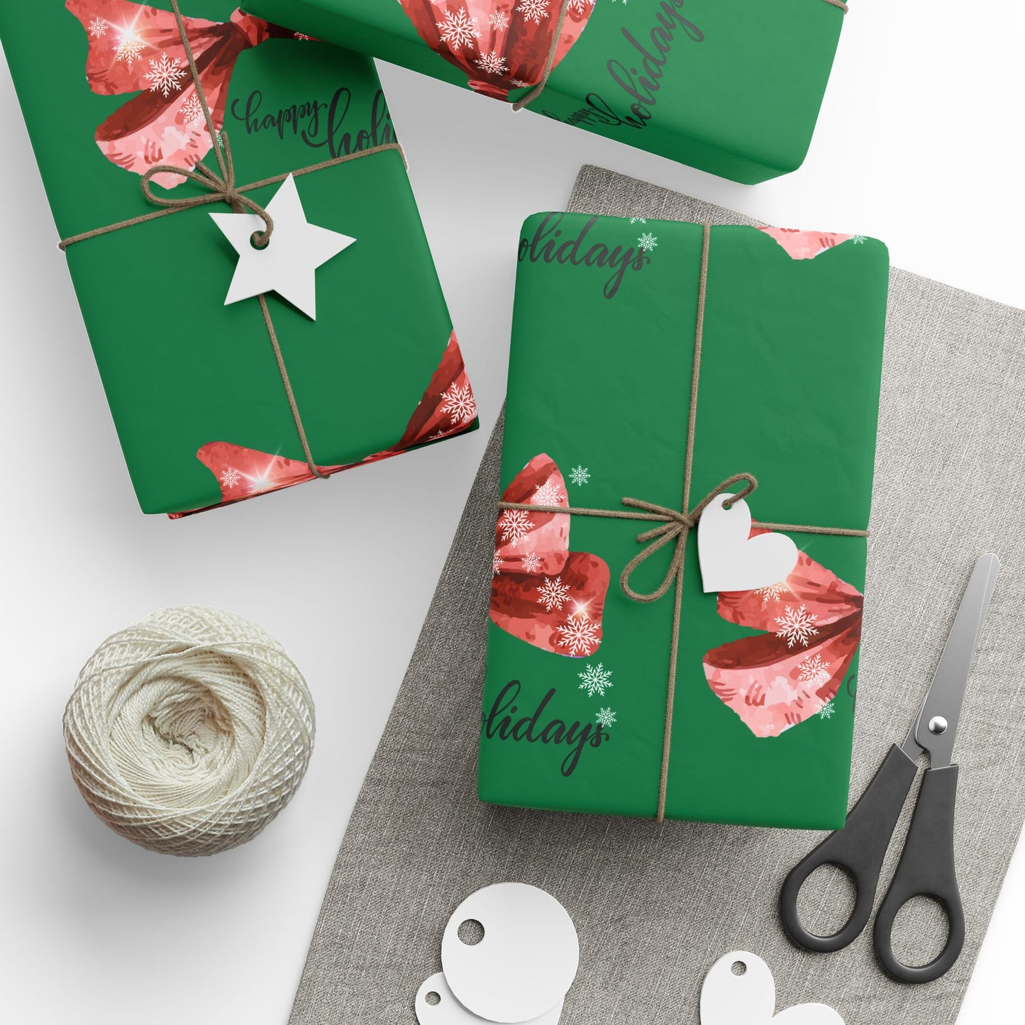 Festive Red Bow Christmas Wrapping Paper : Elegant Green Holiday Gift Wrap with Snowflakes and "Happy Holidays" Script