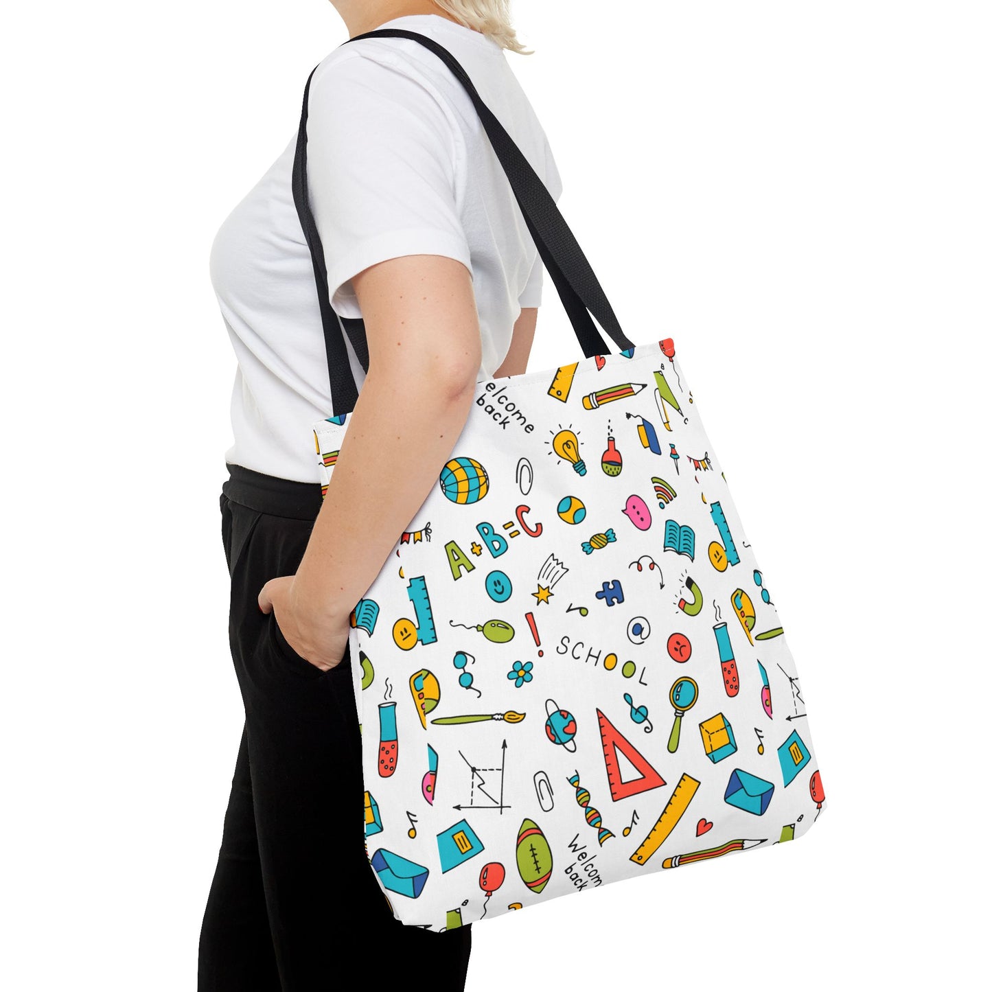 Back-to-School Doodle Print Tote Bag – Colorful School Supply Design in 3 Sizes