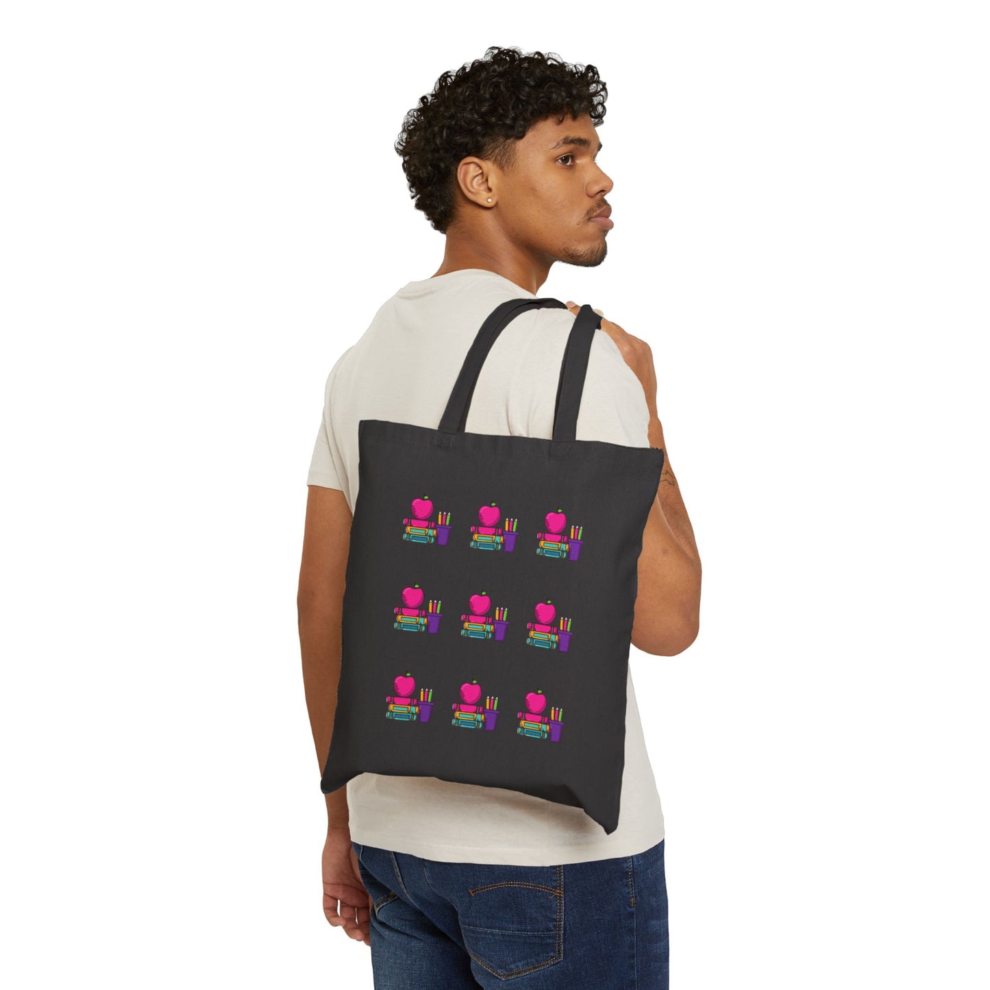 Canvas Tote Bag – Cute Apple & Books Print | Back-to-School Teacher Tote | Eco-Friendly Book Bag for Women & Moms
