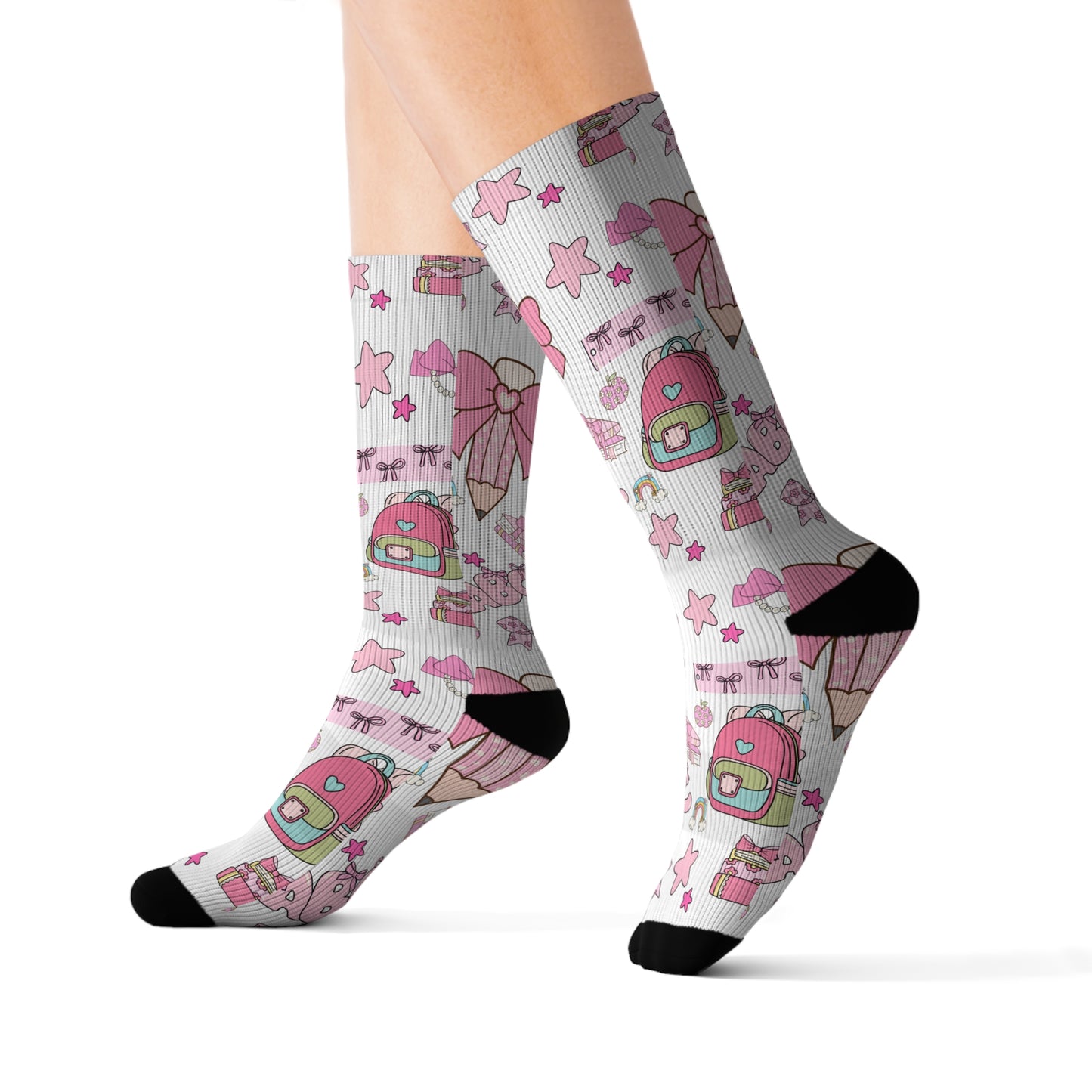 Back-to-School Pink Bow & Backpack Socks – Cute Unisex School Socks for Girls, Teens & Moms | ABC School Supply Print