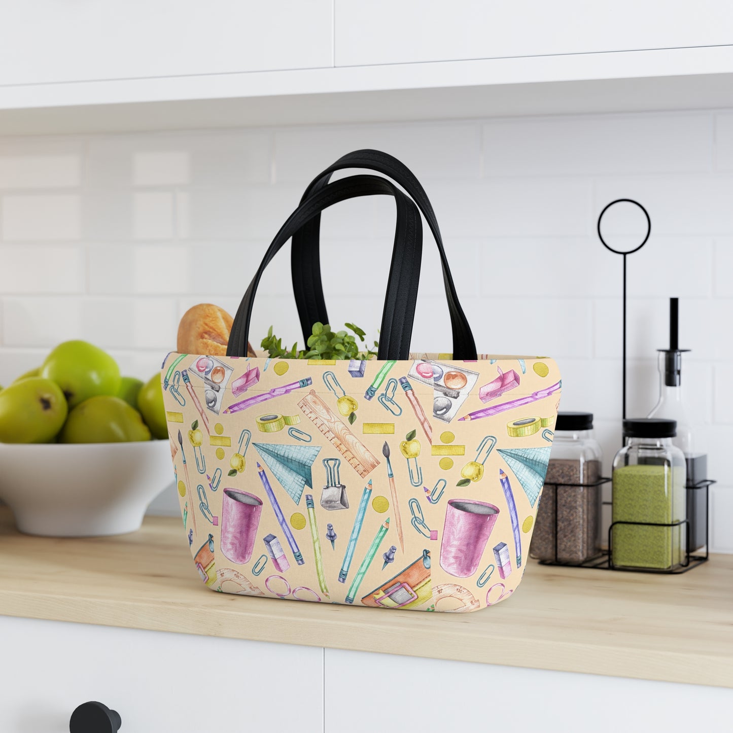 Back-to-School Lunch Bag for Kids & Adults | Neoprene Tote with Fun School Supply Print | Magnetic Closure | Reusable & Insulated