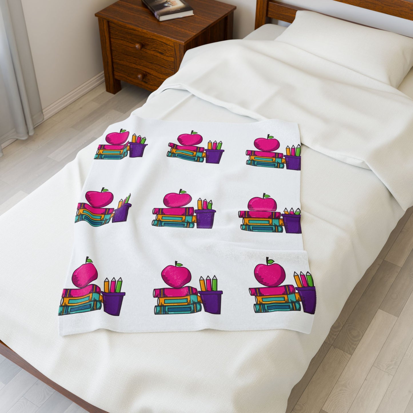 White Back-to-School Apple & Books Blanket – Cozy Teacher Gift, Student Dorm Throw, Available in White or Black