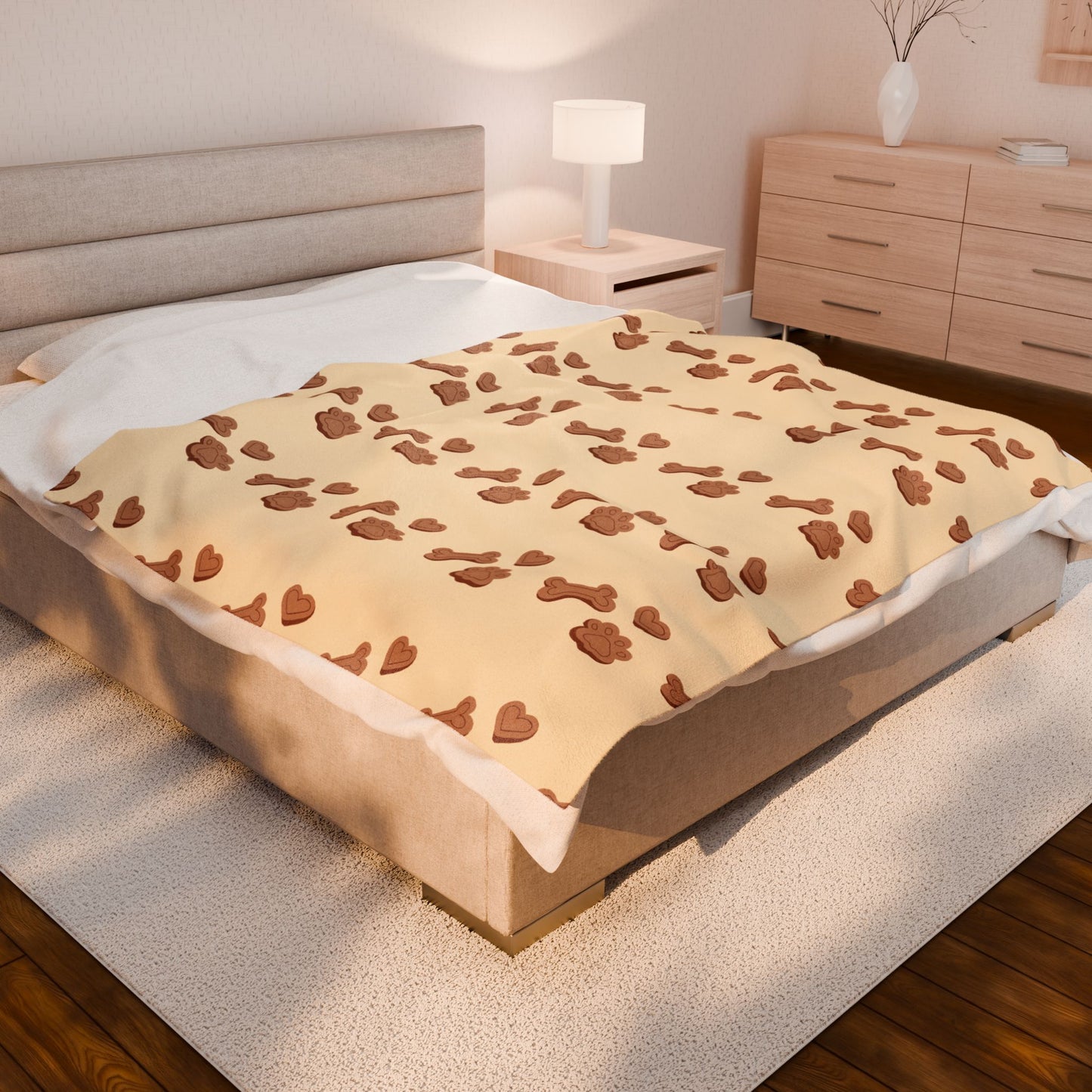 Dog Mom Cozy Blanket - Plush Beige Velveteen Throw with Paw & Bone Print (3 Sizes)