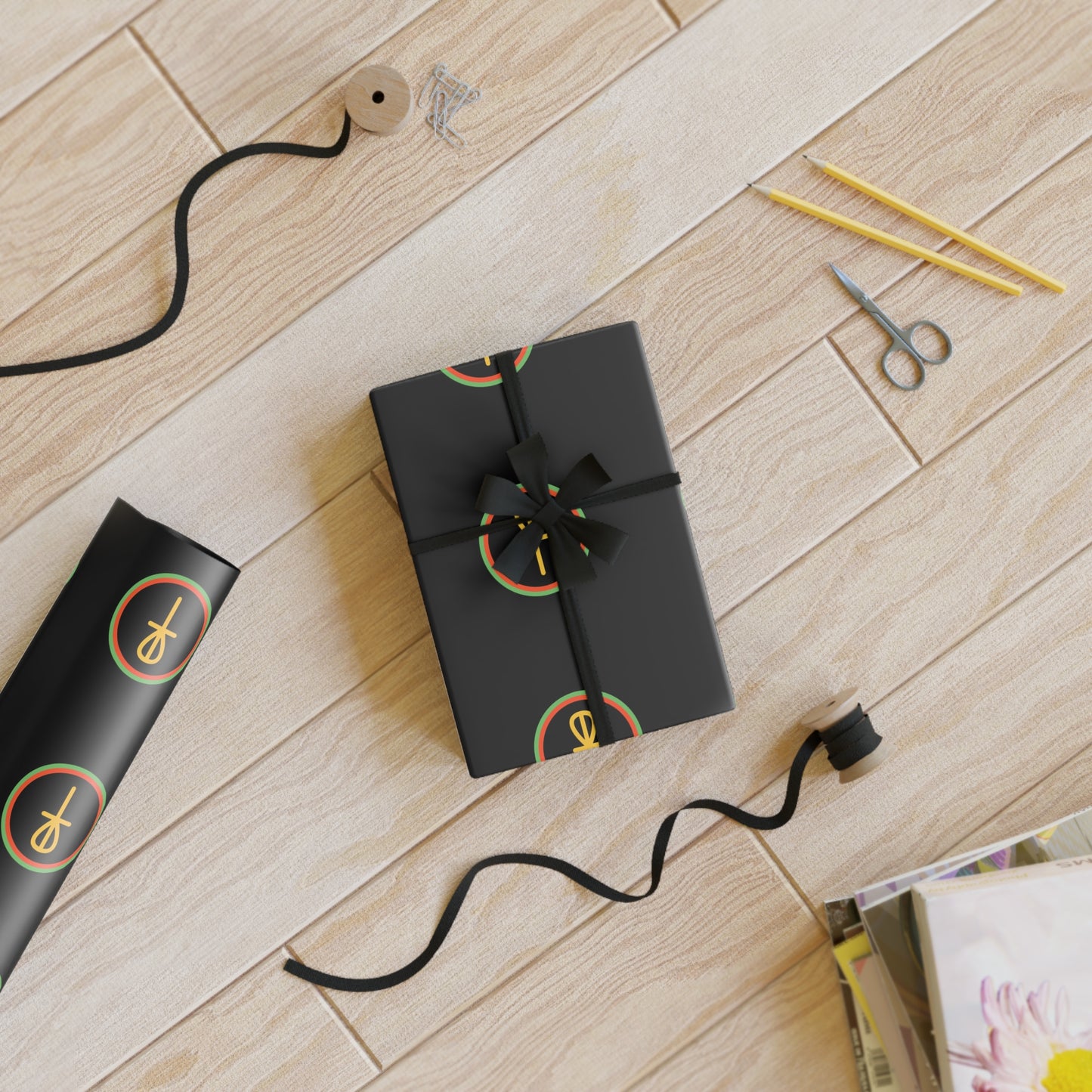 Black Afrocentric Gift Wrap | Ankh Symbol | Kwanzaa Gift Wrap Roll | Premium Recyclable Holiday Gift Paper | African Inspired Decor