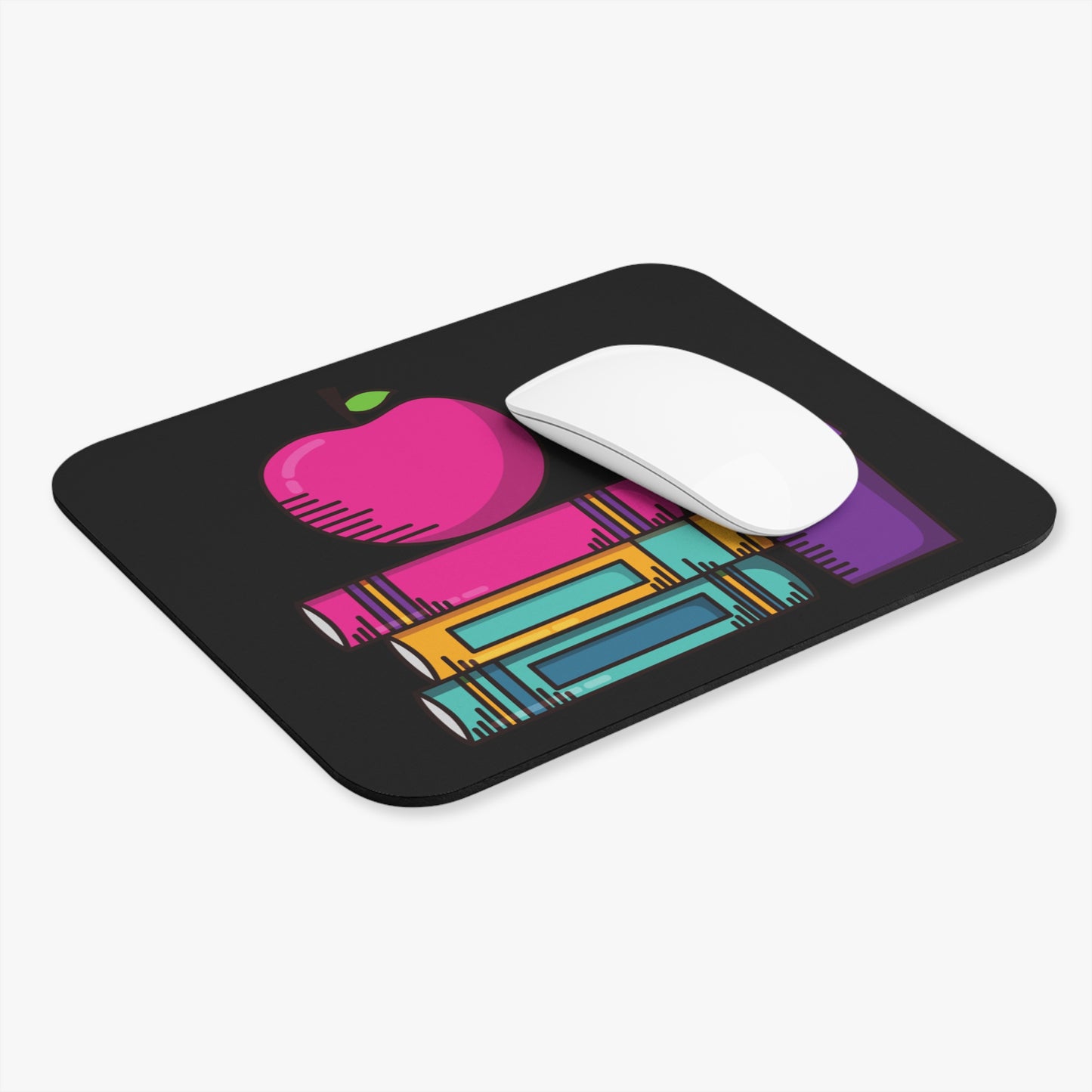 Black Back-to-School Mouse Pad – Cute Apple & Books Desk Essential for Work, Study & Creativity