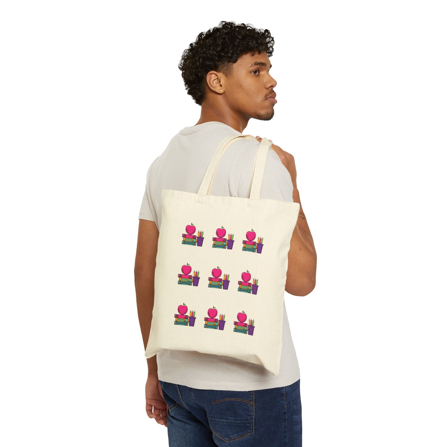 Canvas Tote Bag – Cute Apple & Books Print | Back-to-School Teacher Tote | Eco-Friendly Book Bag for Women & Moms