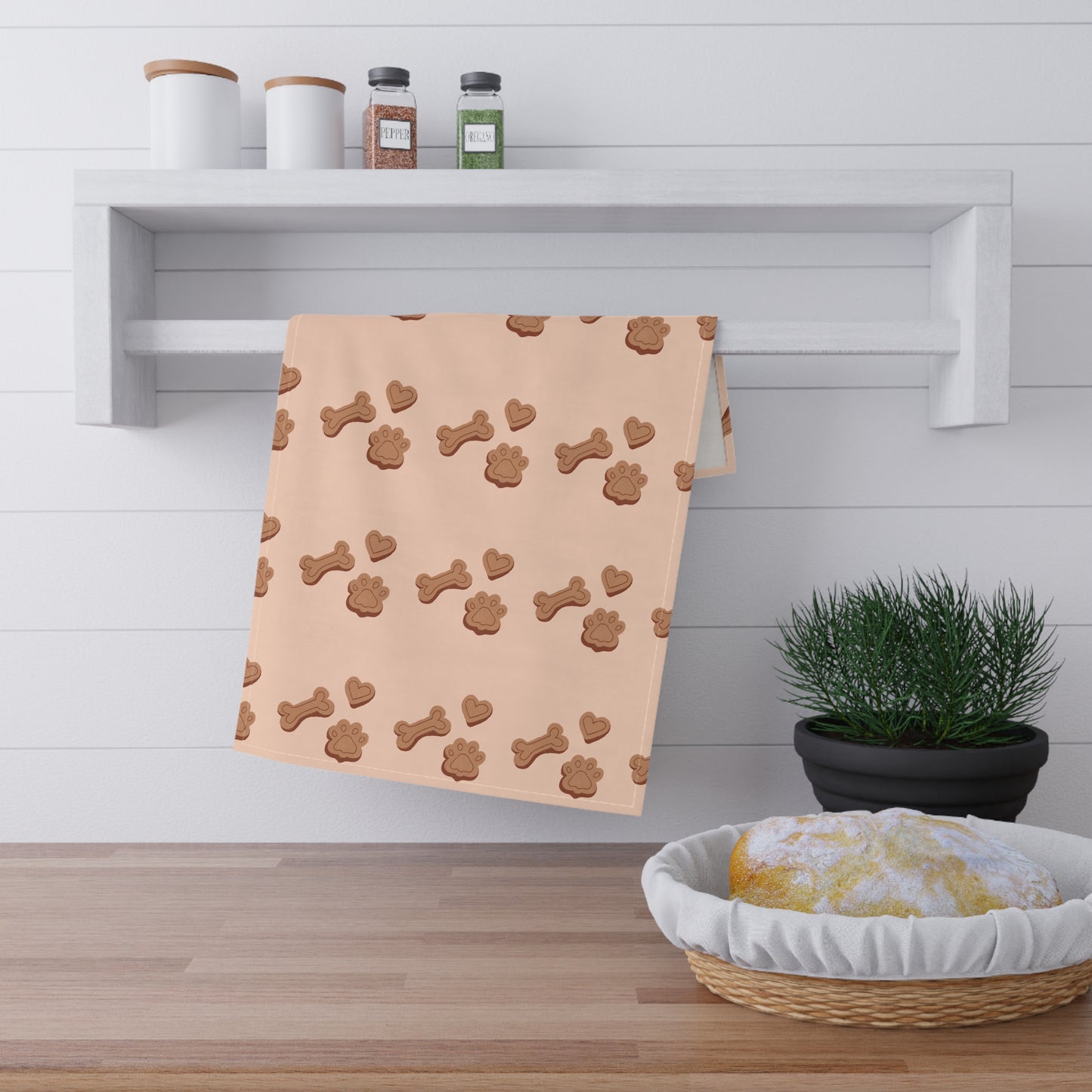 Dog Treat Pattern Tea Towel | Cute Dog Kitchen Towel in Cotton or Polyester – National Dog Day Decor