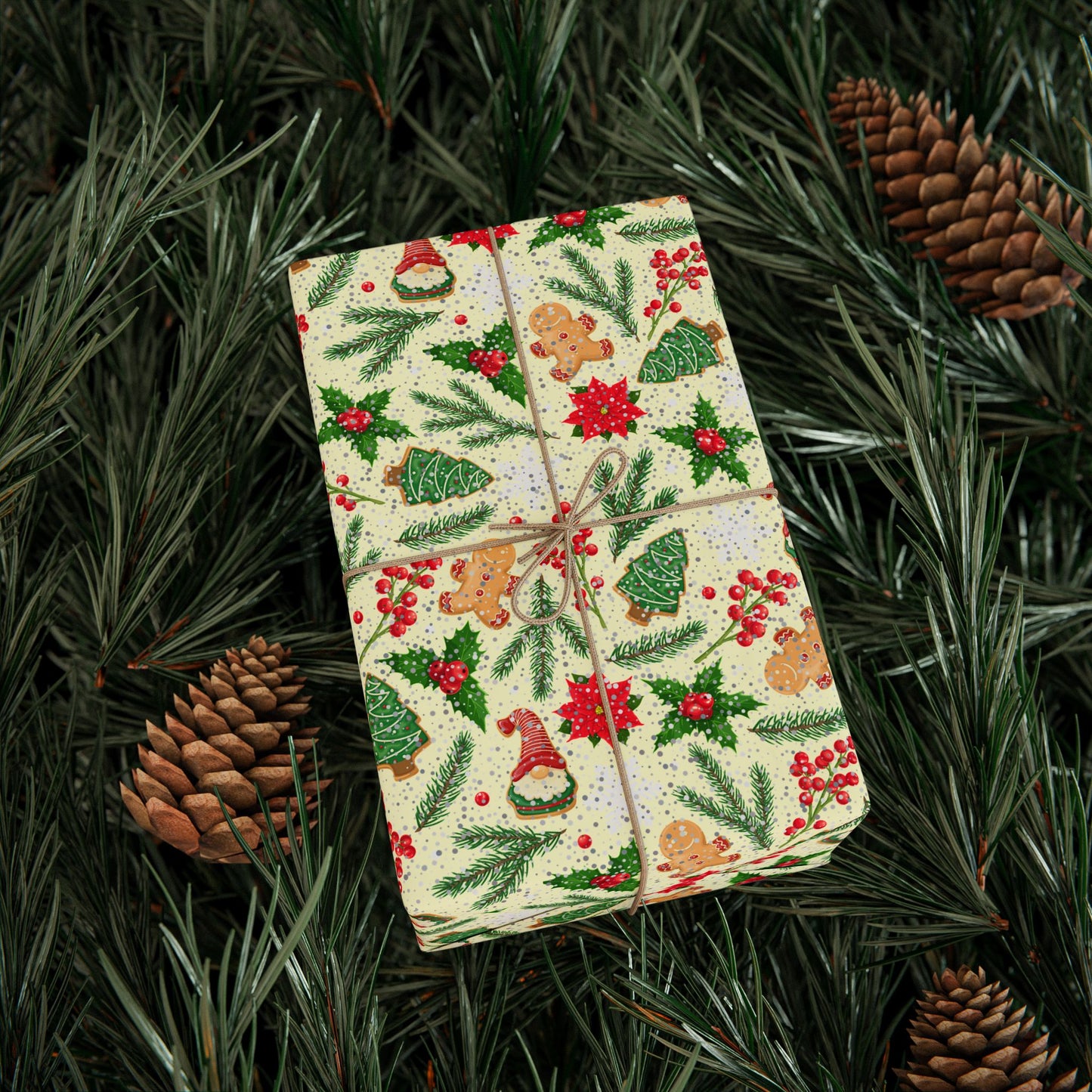 Classic Christmas Wrapping Paper : Festive Holiday Gift Wrap with Gingerbread, Poinsettias, Holly, and Santa Hats