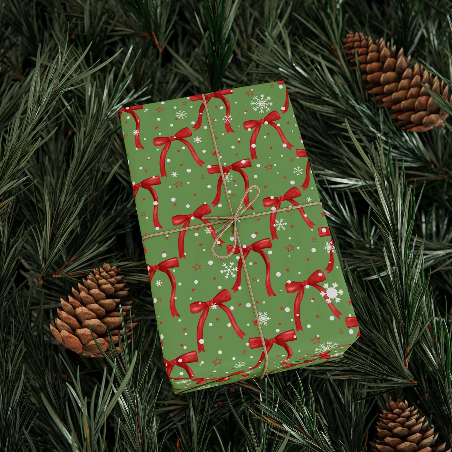 Festive Green Christmas Wrapping Paper : Holiday Gift Wrap with Red Ribbons and Snowflakes, Perfect for Christmas Gifts