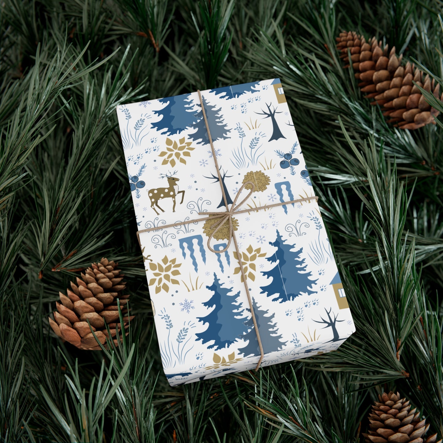 Winter Forest Scene Wrapping Paper: White & Blue - Sustainable Holiday Gift Wrap Satin and Matte Finishes