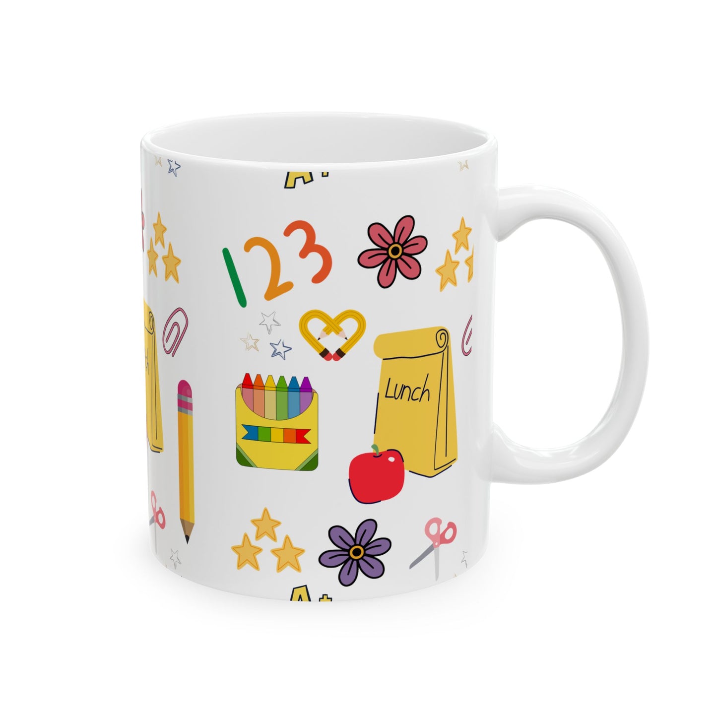 Back to School Teacher Mug – Cute Apple, Lunch & Crayon Design – Ceramic Coffee Cup in 11oz or 15oz – Teacher Gift for Women or Moms