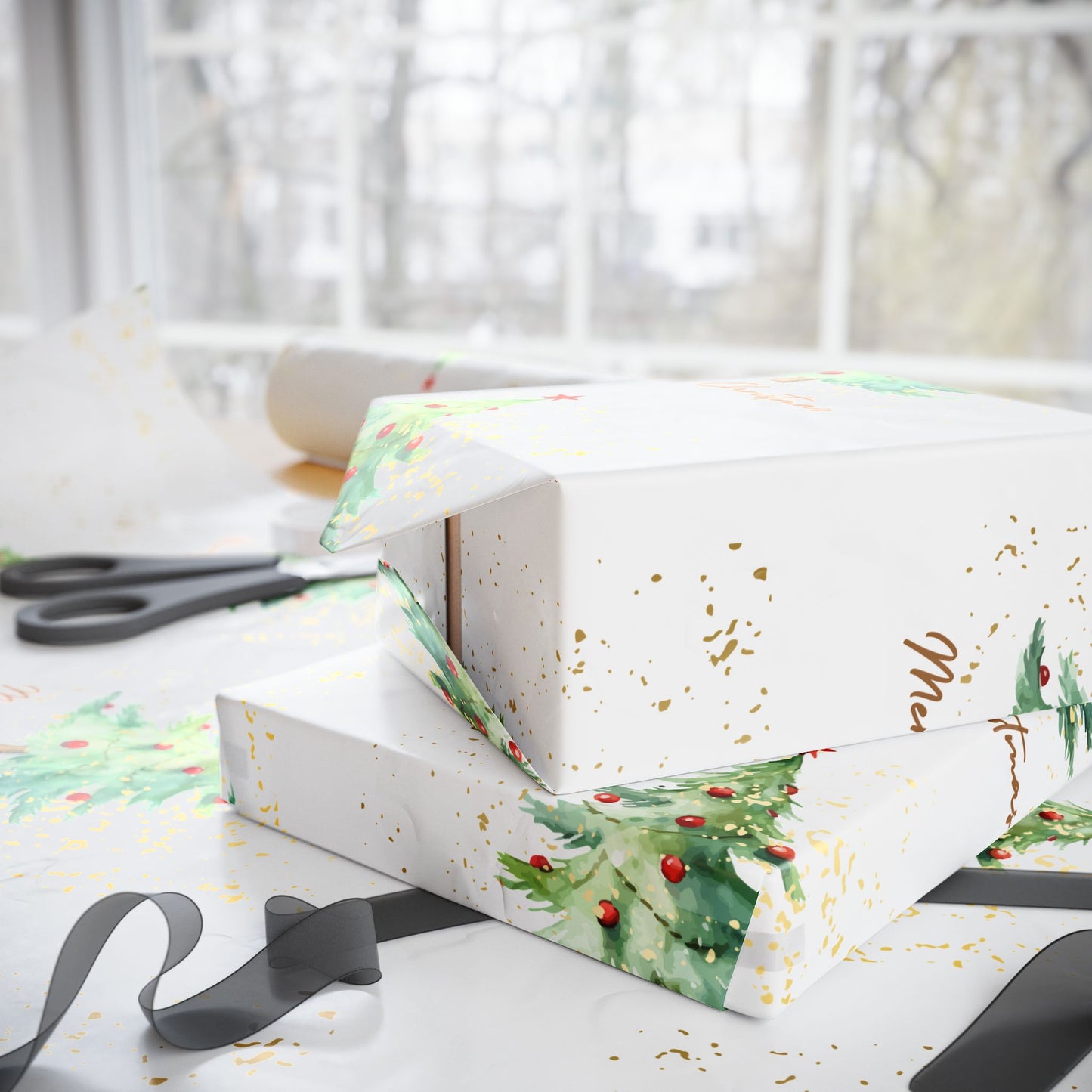 Glossy Merry Christmas Wrapping Paper with Watercolor Tree Design - Elegant Holiday Gift Wrap with Gold Accents
