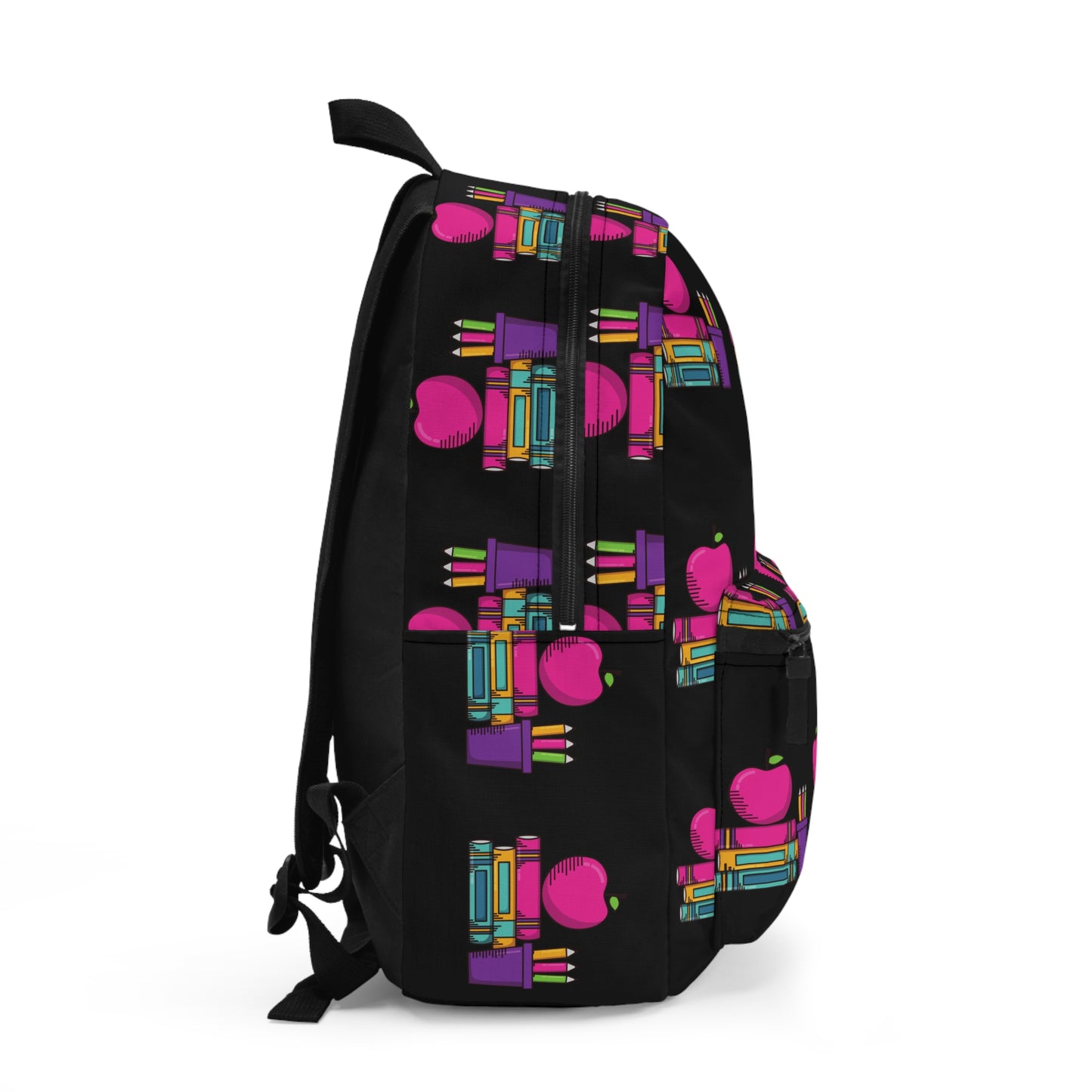 Black Colorful Back-to-School Kids Backpack – Pink Apple & Crayons Pattern