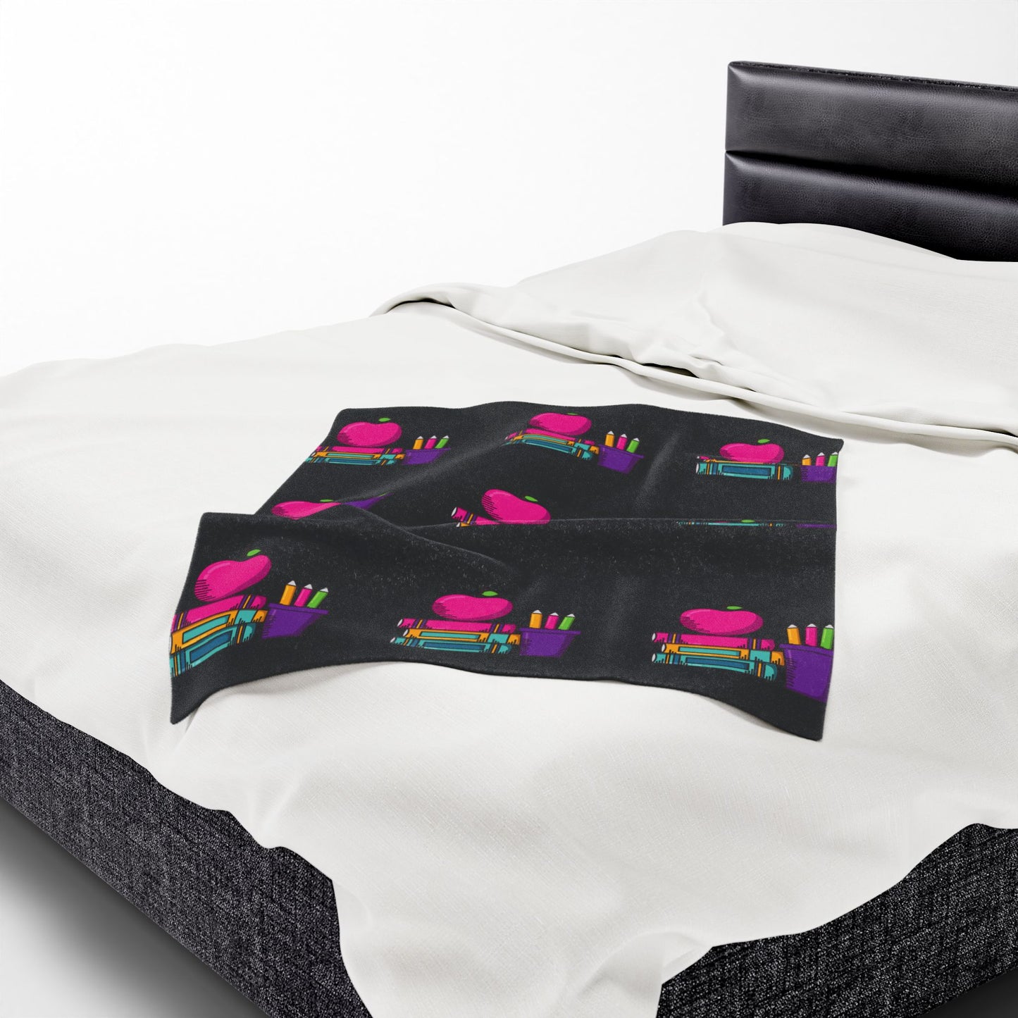 Black Back-to-School Apple & Books Blanket – Cozy Teacher Gift, Student Dorm Throw, Available in White or Black