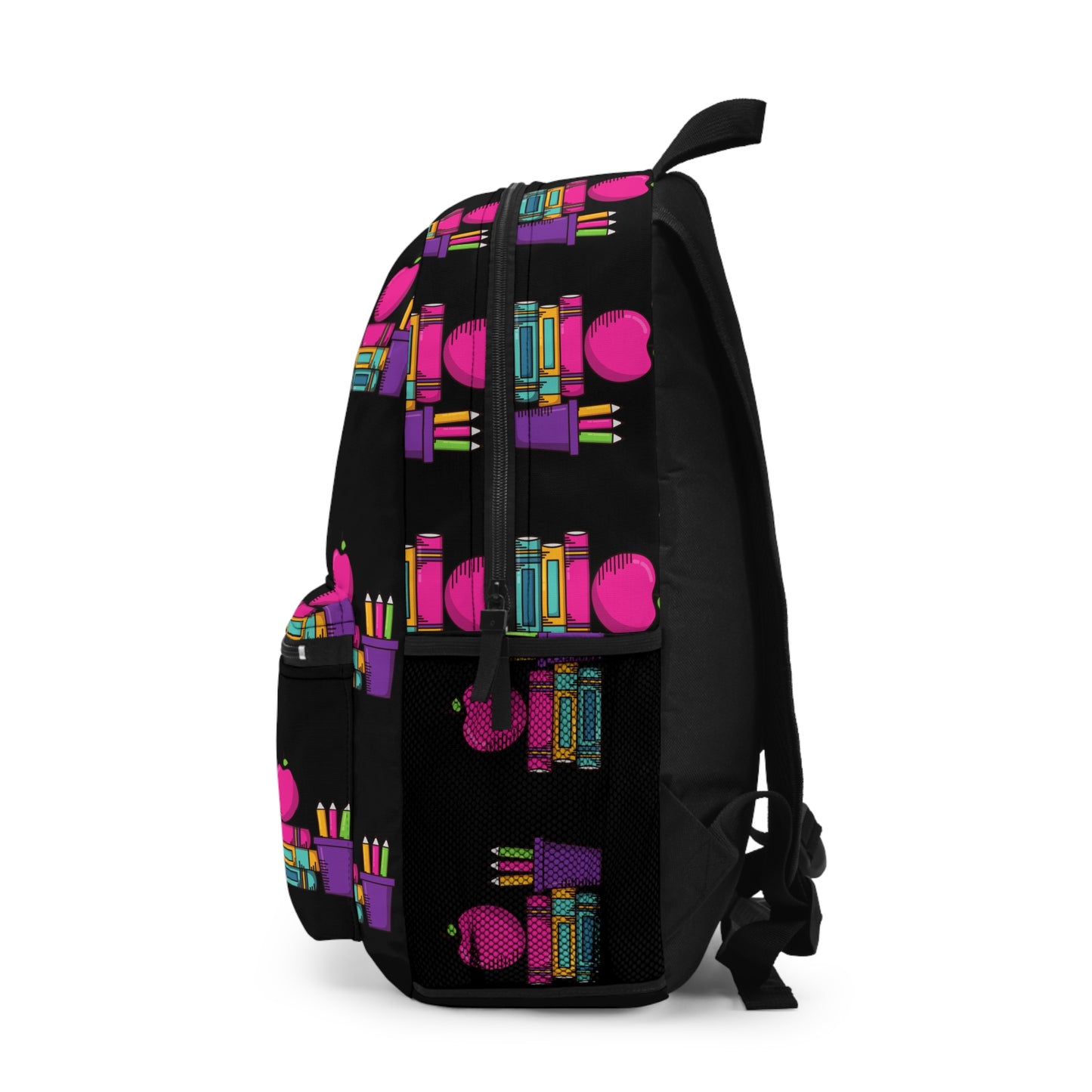 Black Colorful Back-to-School Kids Backpack – Pink Apple & Crayons Pattern