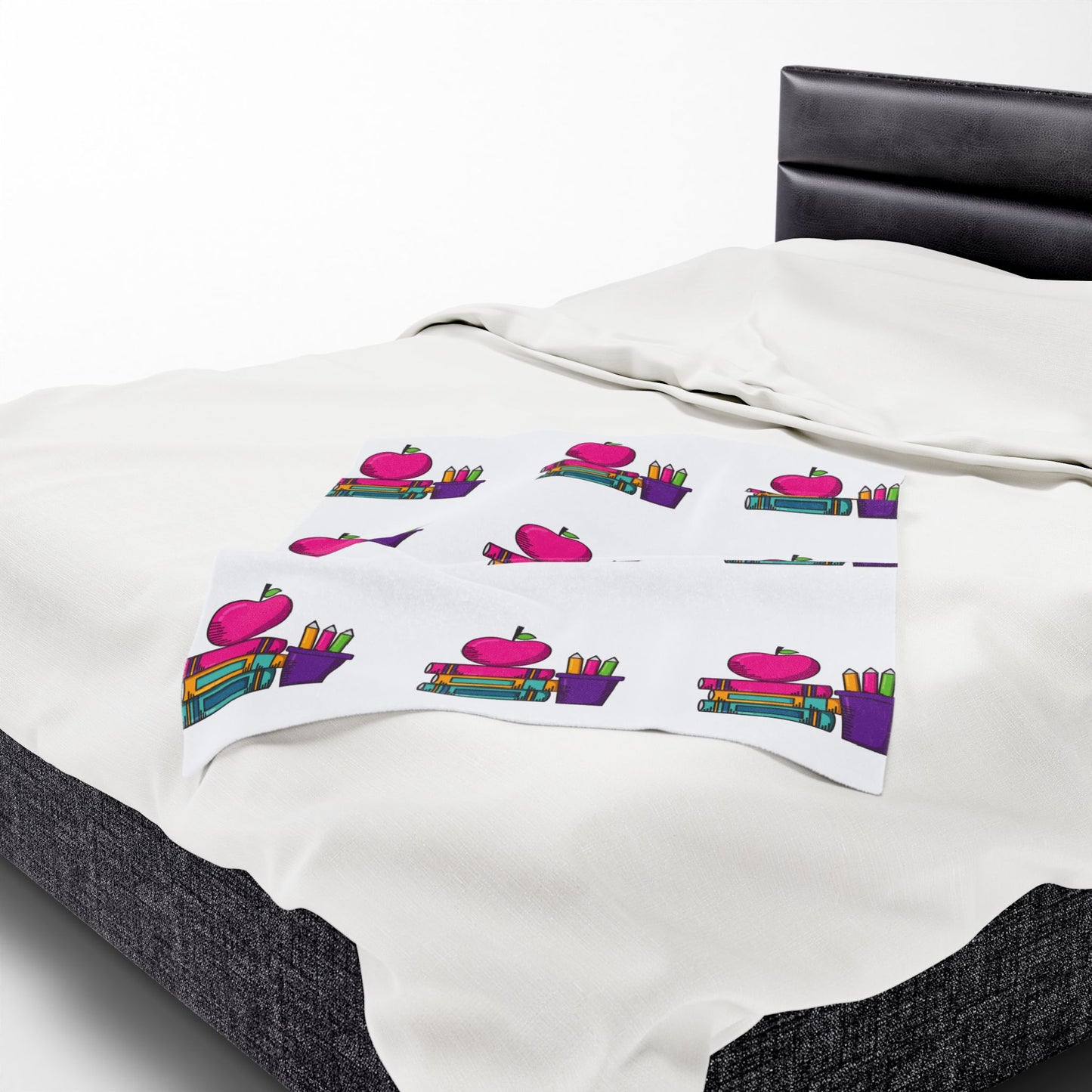 White Back-to-School Apple & Books Blanket – Cozy Teacher Gift, Student Dorm Throw, Available in White or Black