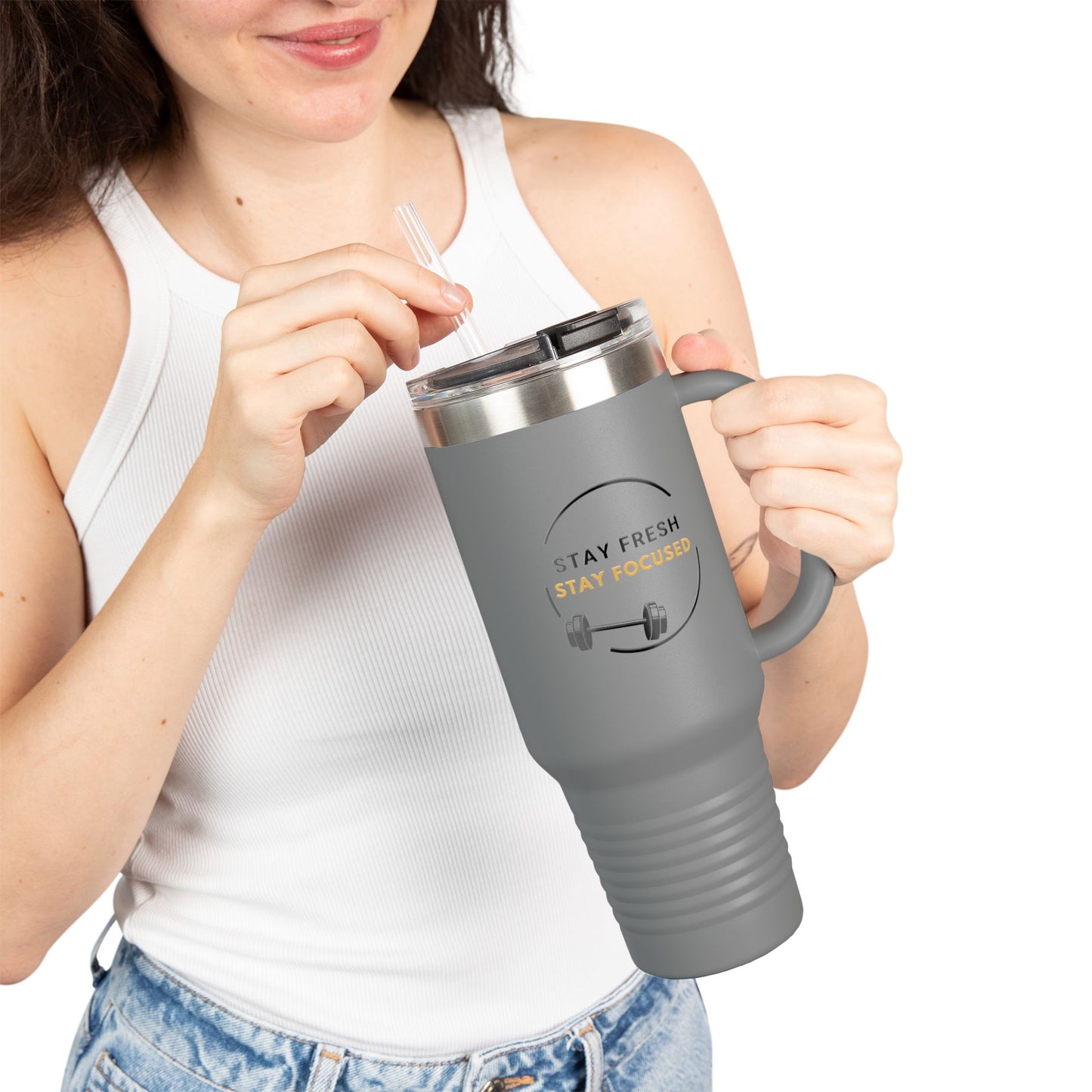 Stay Fresh Stay Focused 40oz Insulated Travel Mug Motivational Stainless-Steel Tumbler for New Years Resolutions Fitness and Hydration Goals