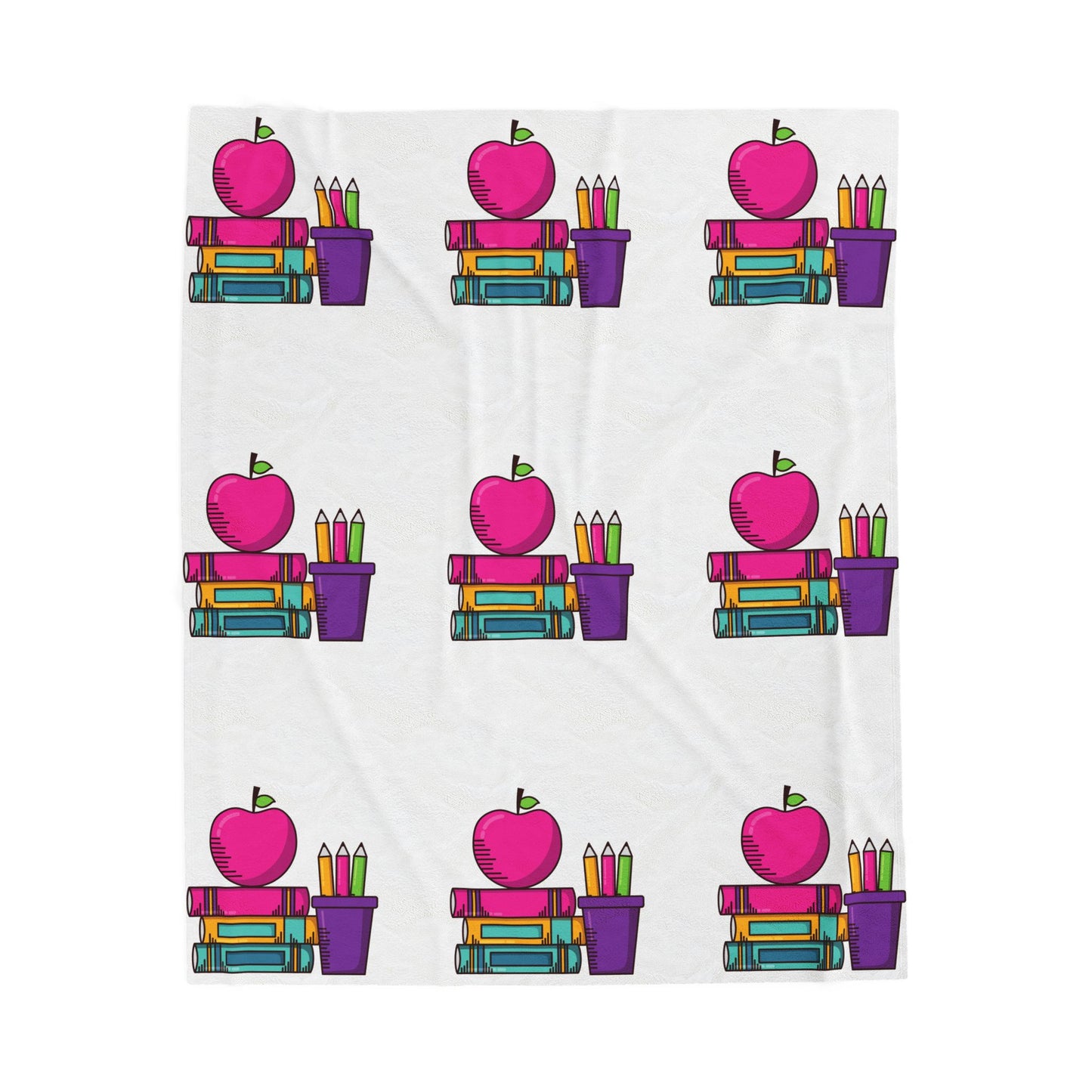 White Back-to-School Apple & Books Blanket – Cozy Teacher Gift, Student Dorm Throw, Available in White or Black