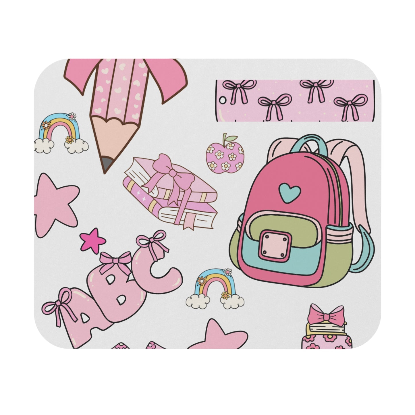 Cute Back to School Mouse Pad – Pink Backpack & School Supplies Desk Mat for Girls | ABC Rainbow Aesthetic | Perfect for Students, Teachers & Moms