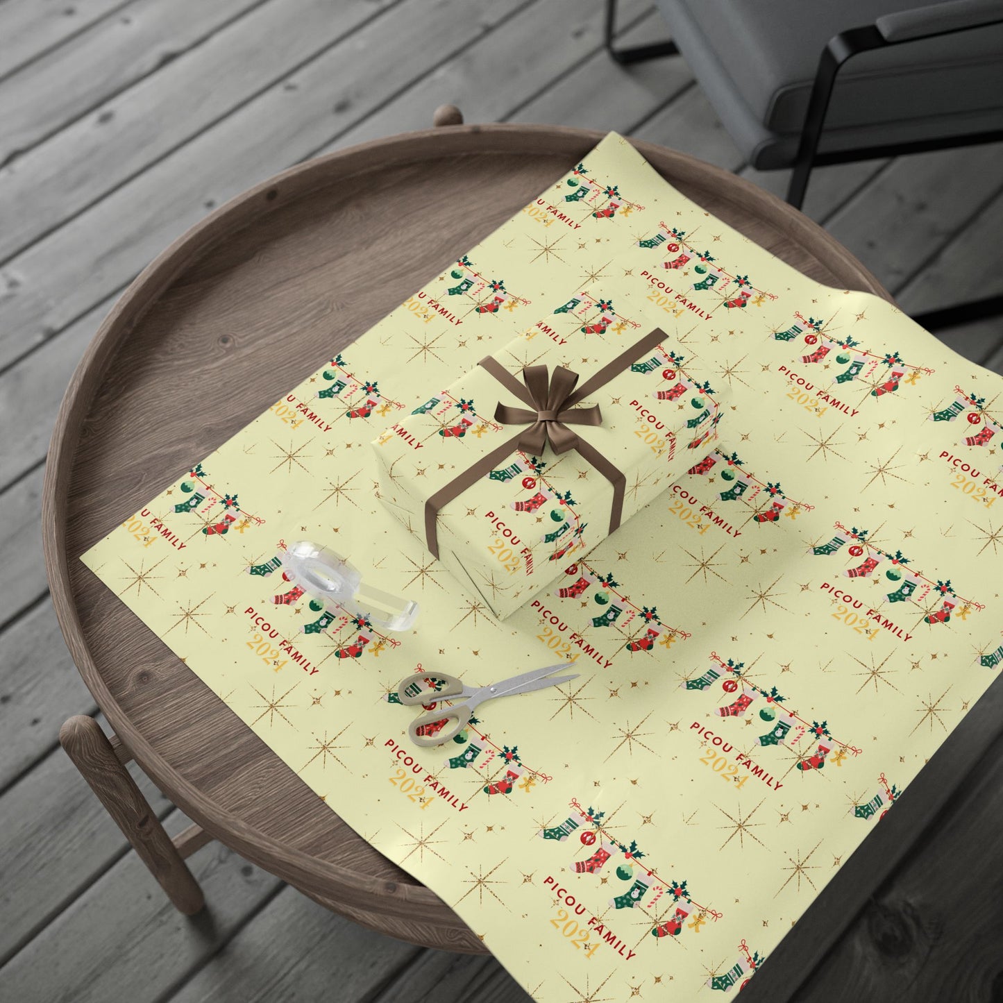 Personalized Christmas Wrapping Paper : Family Name Custom Holiday Gift Wrap 2024 - Festive Holiday Packaging with Gold Stars