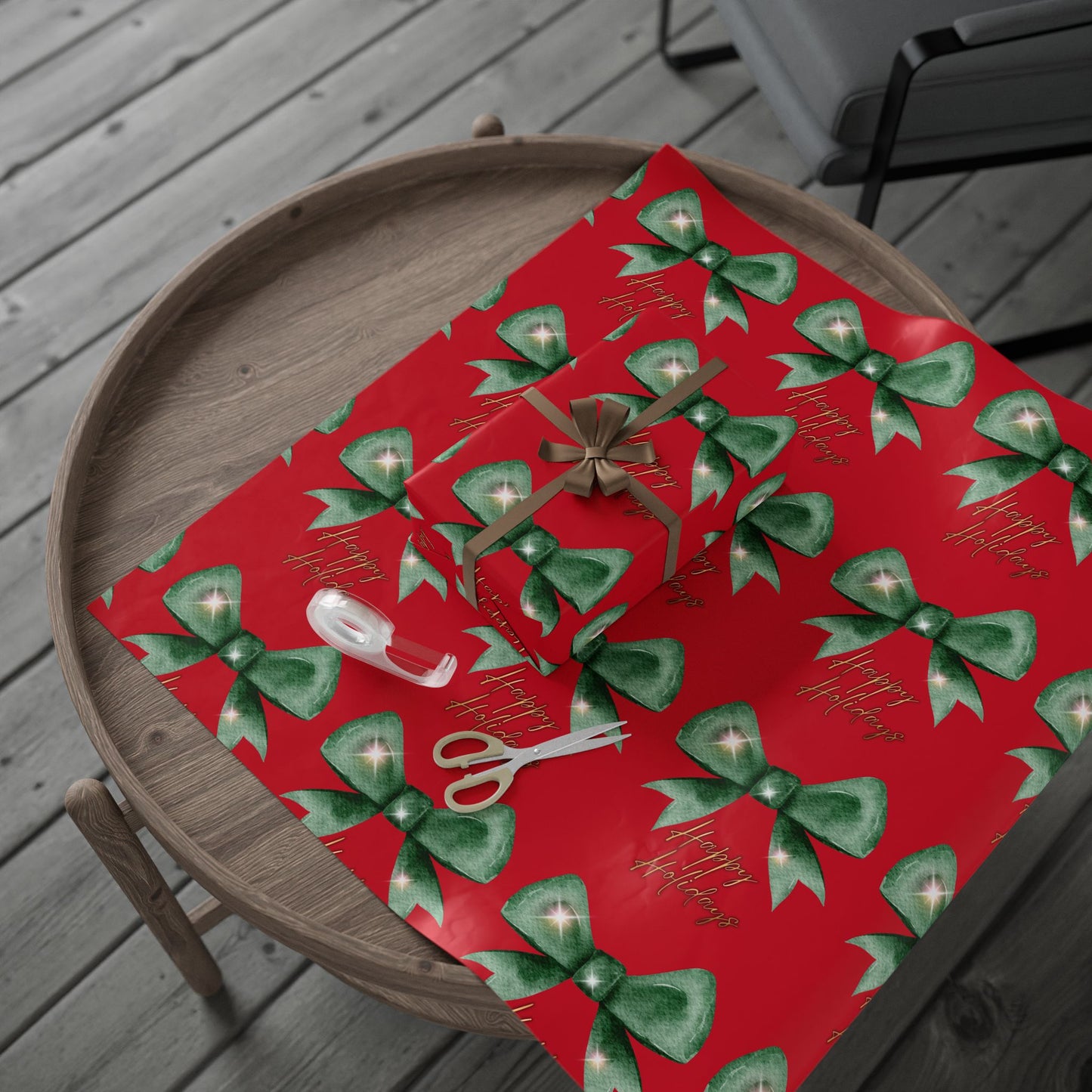 Festive Red Bow Wrapping Paper : Elegant Holiday Gift Wrap with Green Bow & 'Happy Holidays' Script, Perfect for Christmas Gifts