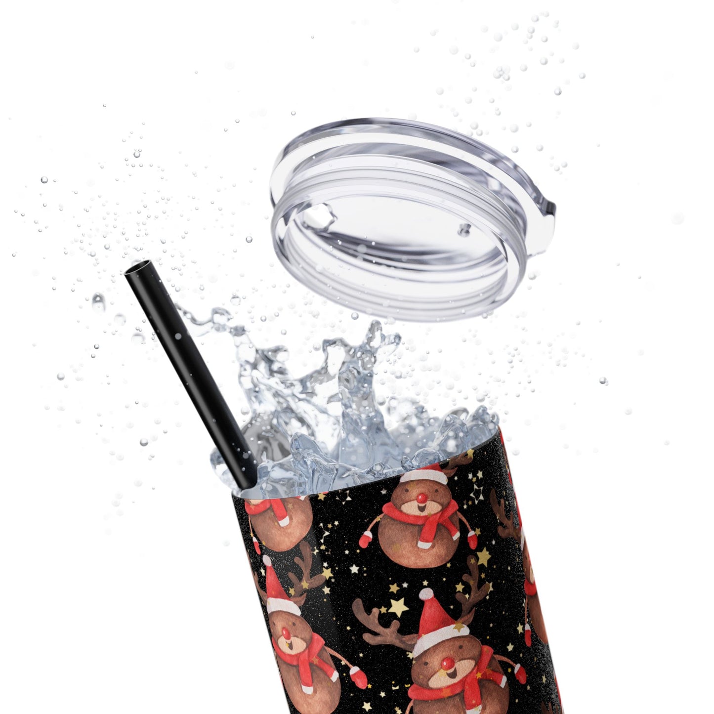 Black Glitter Reindeer & Snowman Skinny Tumbler 20oz | Festive Insulated Drinkware