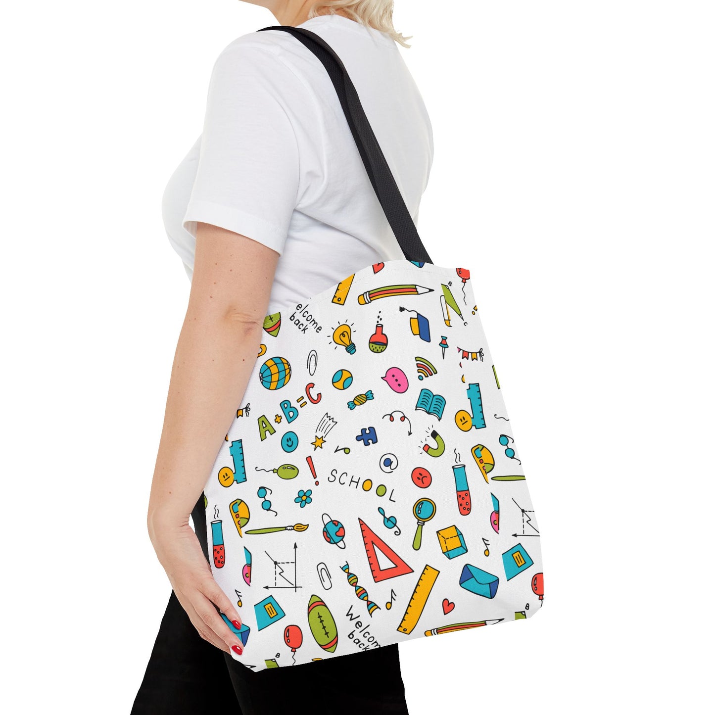 Back-to-School Doodle Print Tote Bag – Colorful School Supply Design in 3 Sizes