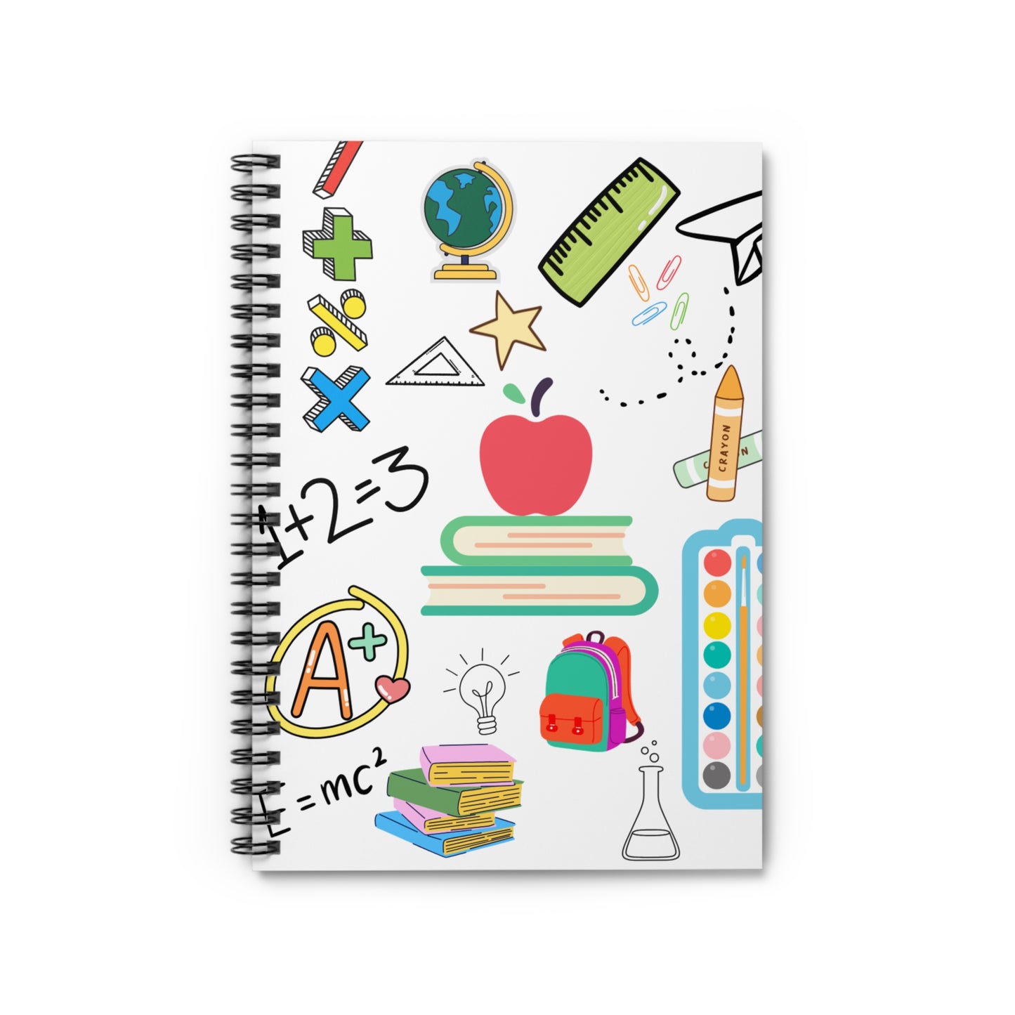 Notebook with educational doodles on a white background
