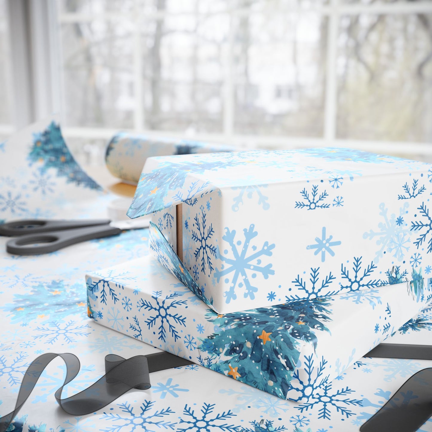 Winter Wonderland Wrapping Paper : Blue Christmas Tree and Snowflake Holiday Gift Wrap, Premium Eco-Friendly Design