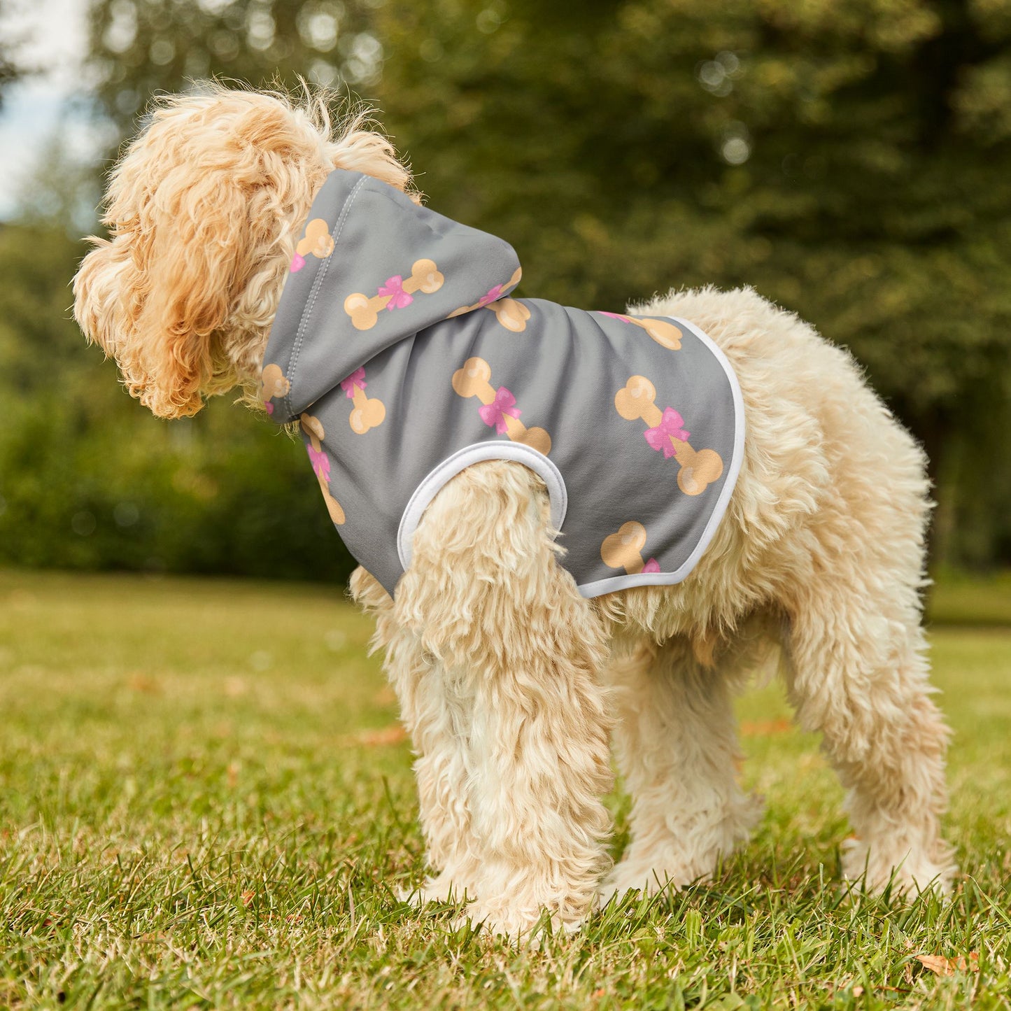 Custom Dog Hoodie with Bone & Bow Print – Stylish Pet Apparel for National Dog Day