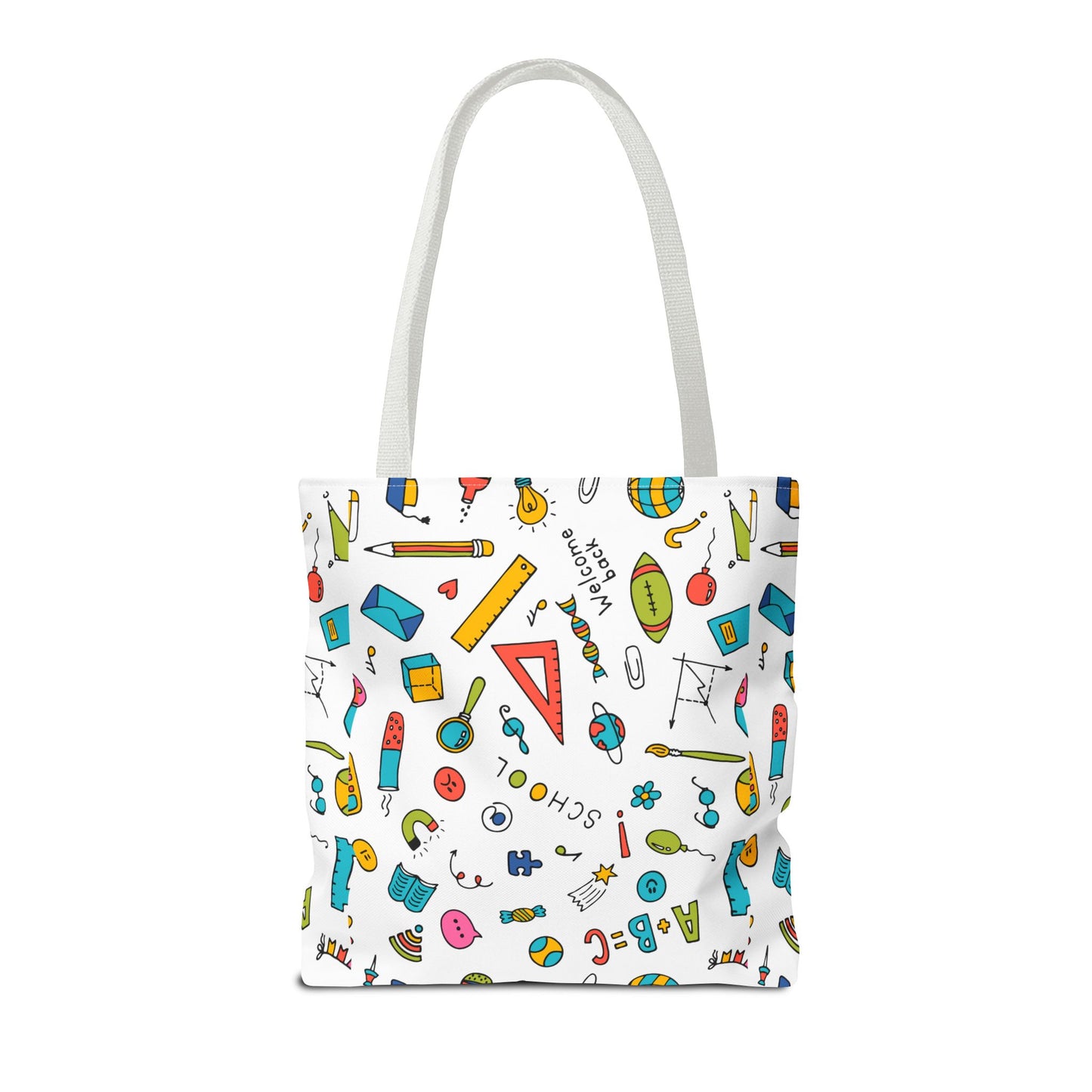 Back-to-School Doodle Print Tote Bag – Colorful School Supply Design in 3 Sizes