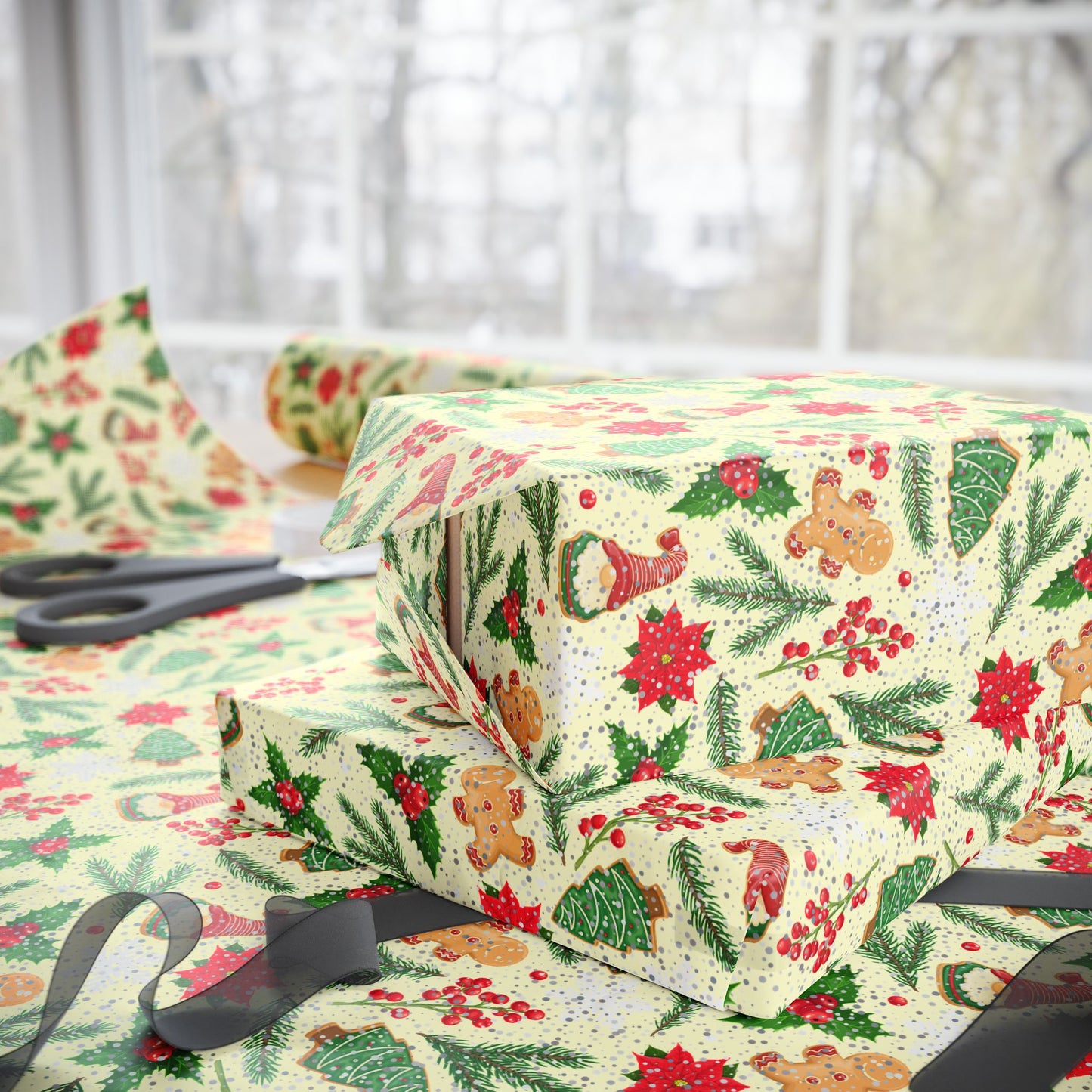 Classic Christmas Wrapping Paper : Festive Holiday Gift Wrap with Gingerbread, Poinsettias, Holly, and Santa Hats
