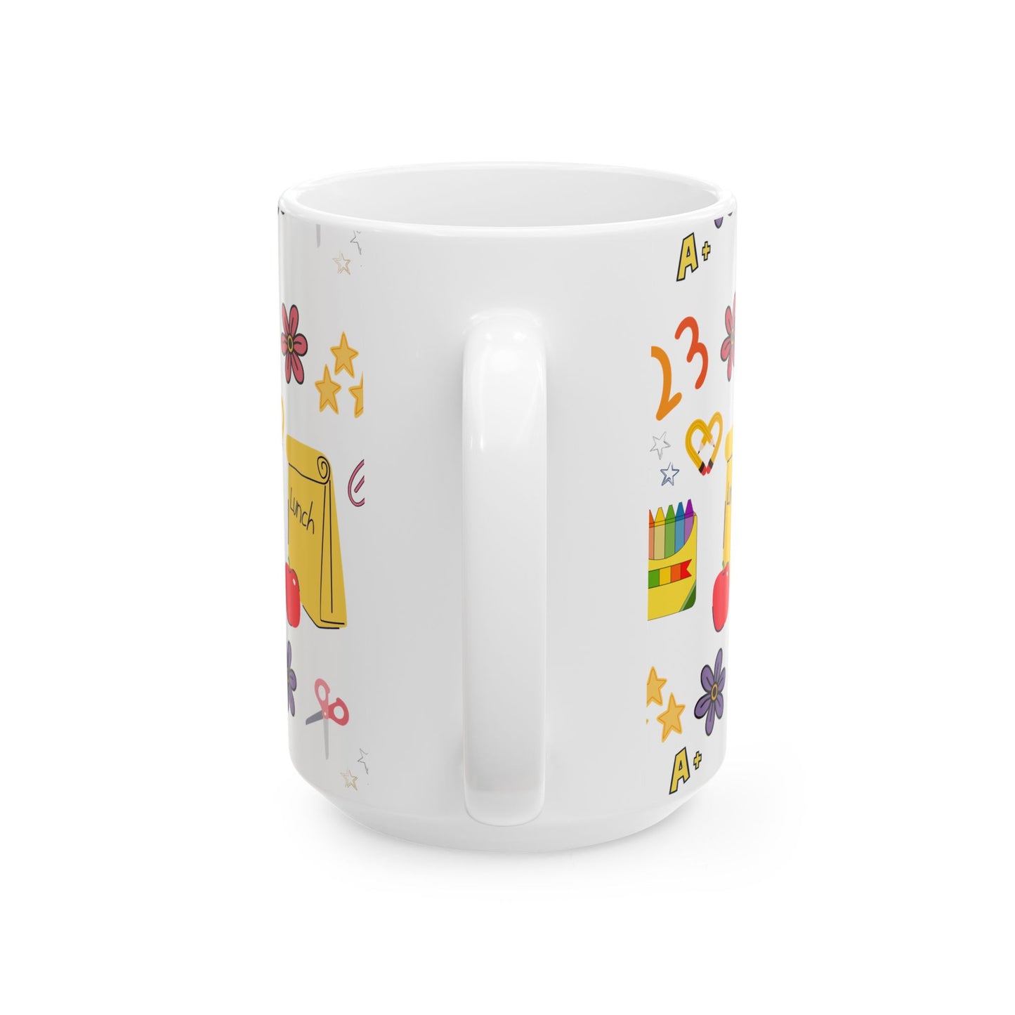 Back to School Teacher Mug – Cute Apple, Lunch & Crayon Design – Ceramic Coffee Cup in 11oz or 15oz – Teacher Gift for Women or Moms