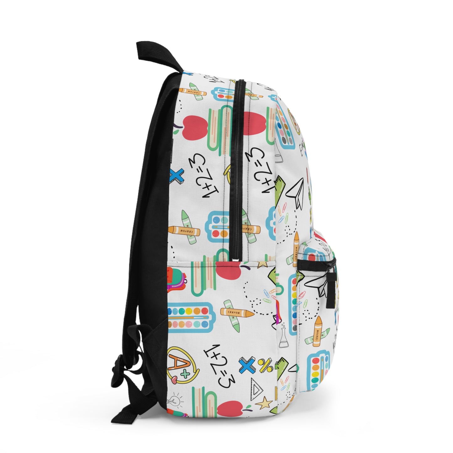 White backpack with colorful classroom icons including apples, books, rulers, and paper planes — perfect for teachers, moms, and students during back-to-school season.