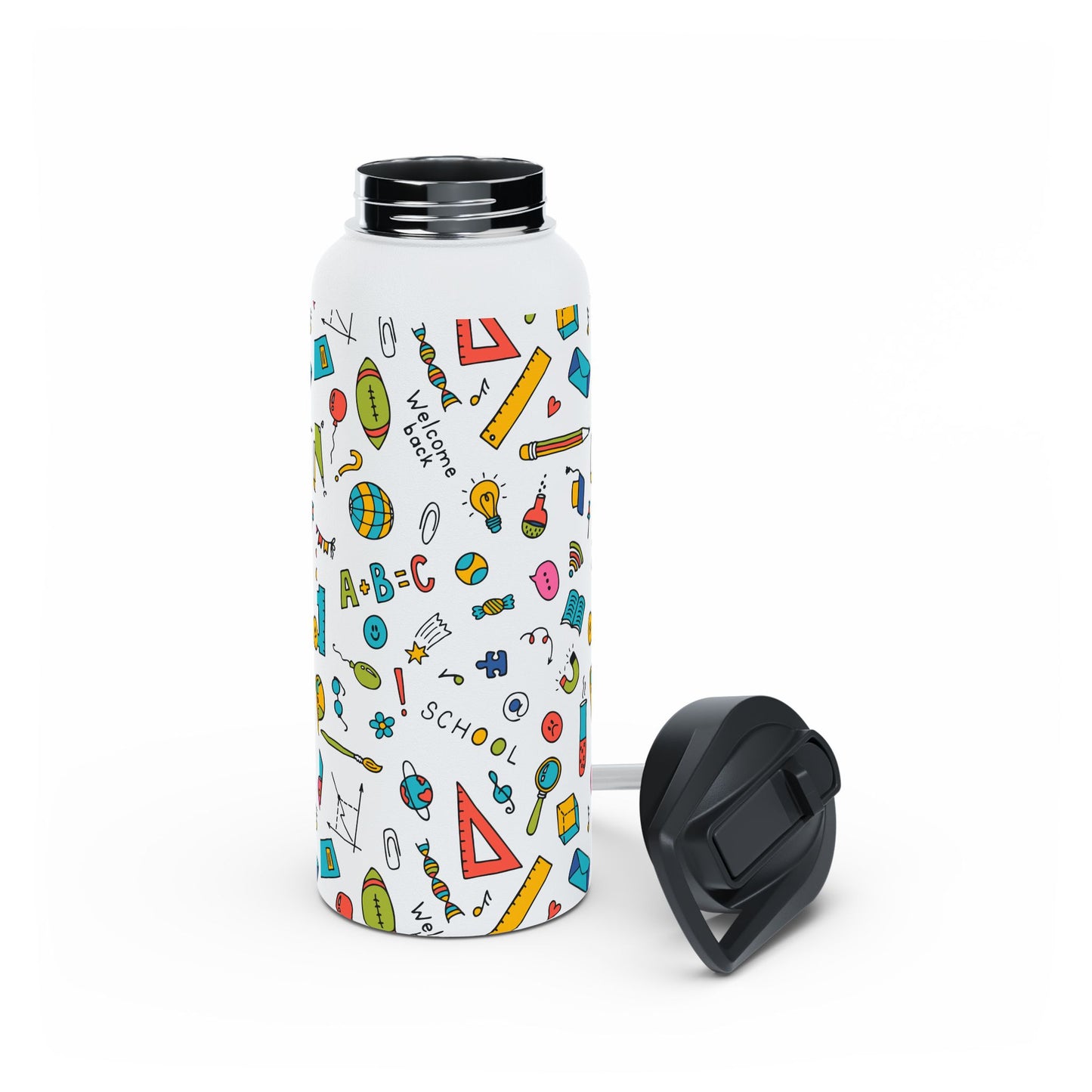 Back-to-School Stainless Steel Water Bottle – Colorful School Supplies Design, BPA-Free, 12oz/18oz/32oz