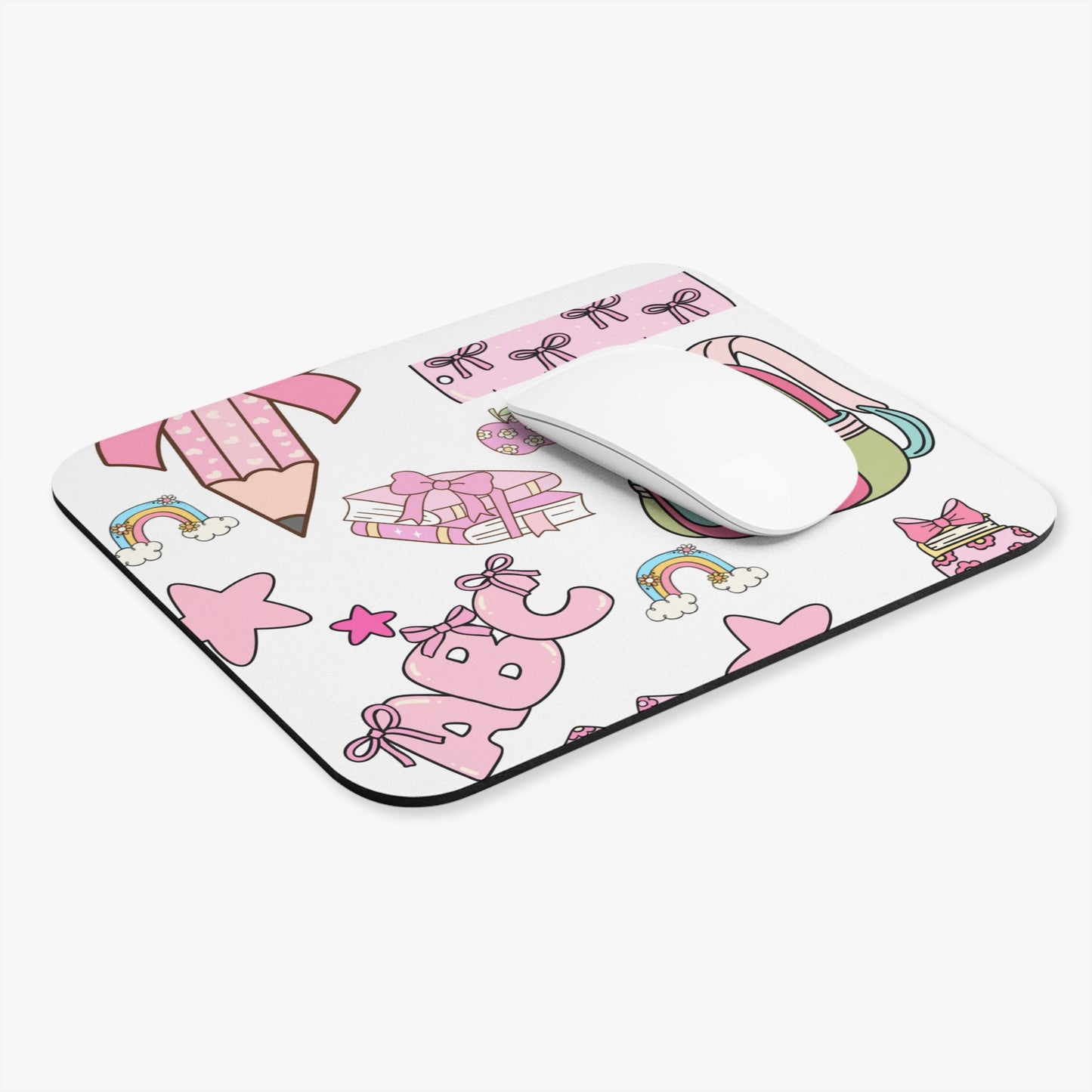 Cute Back to School Mouse Pad – Pink Backpack & School Supplies Desk Mat for Girls | ABC Rainbow Aesthetic | Perfect for Students, Teachers & Moms