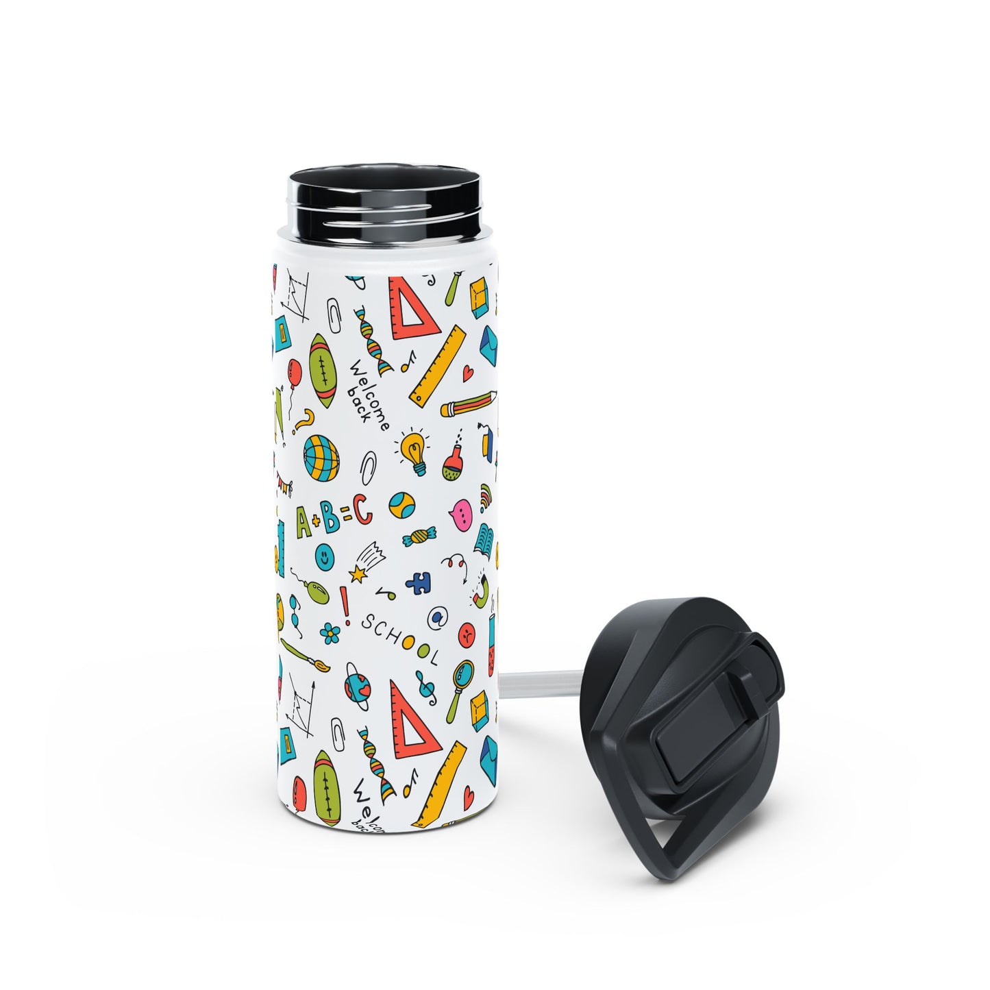 Back-to-School Stainless Steel Water Bottle – Colorful School Supplies Design, BPA-Free, 12oz/18oz/32oz