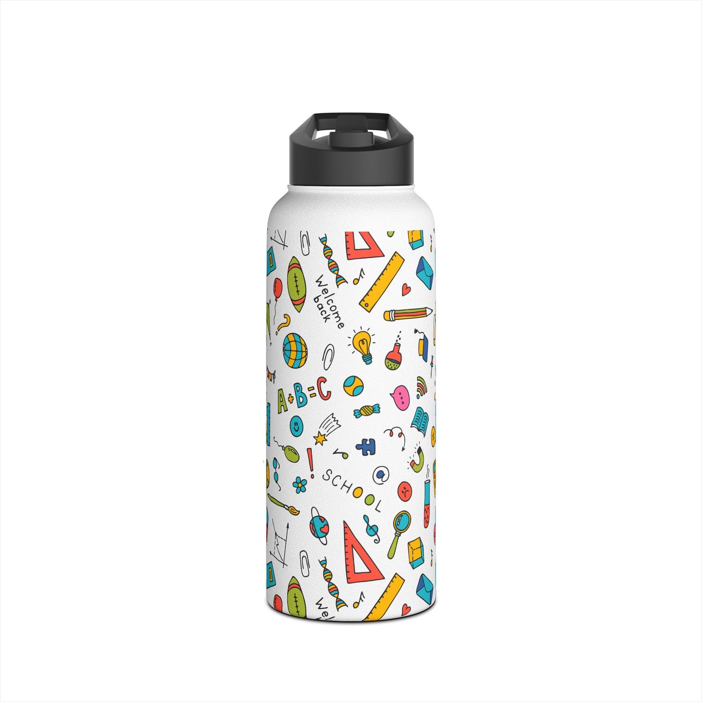 Back-to-School Stainless Steel Water Bottle – Colorful School Supplies Design, BPA-Free, 12oz/18oz/32oz