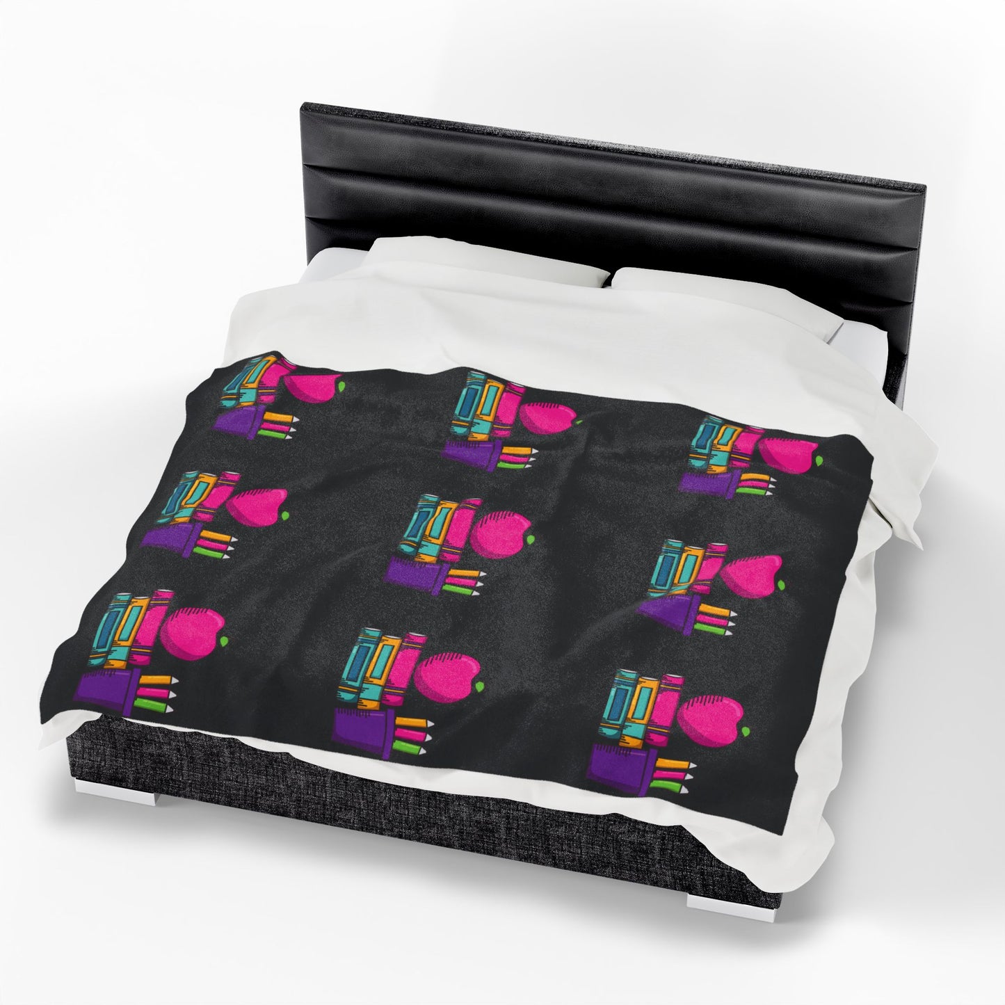 Black Back-to-School Apple & Books Blanket – Cozy Teacher Gift, Student Dorm Throw, Available in White or Black