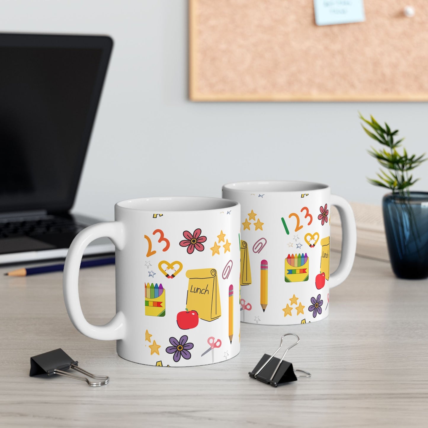 Back to School Teacher Mug – Cute Apple, Lunch & Crayon Design – Ceramic Coffee Cup in 11oz or 15oz – Teacher Gift for Women or Moms