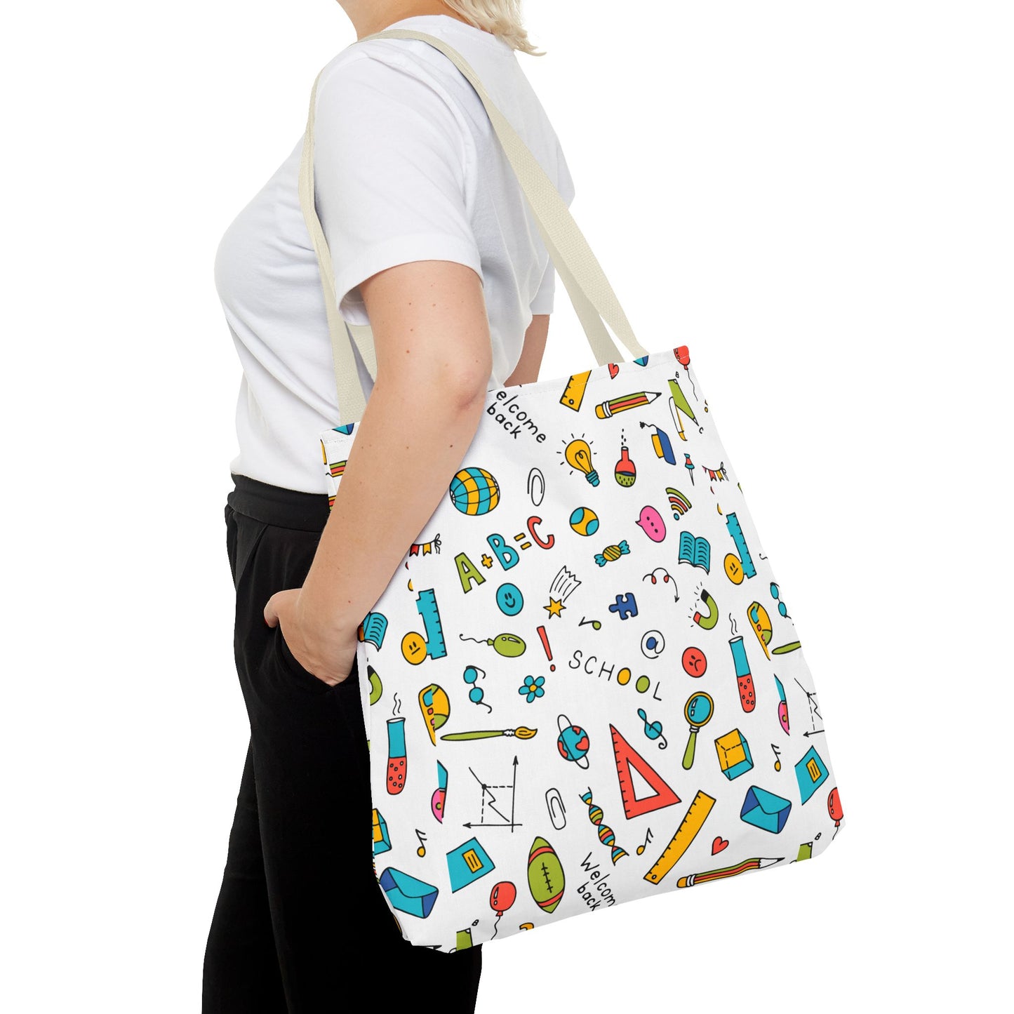 Back-to-School Doodle Print Tote Bag – Colorful School Supply Design in 3 Sizes