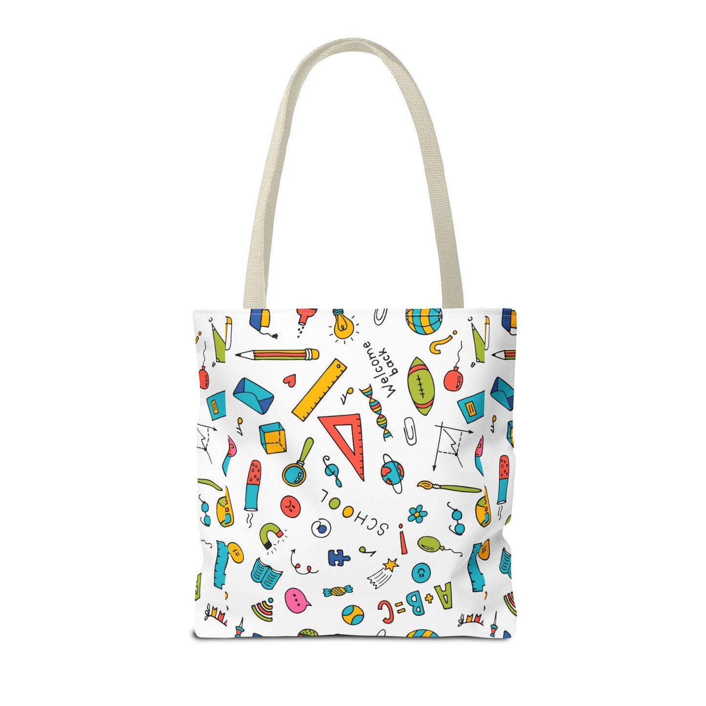 Back-to-School Doodle Print Tote Bag – Colorful School Supply Design in 3 Sizes