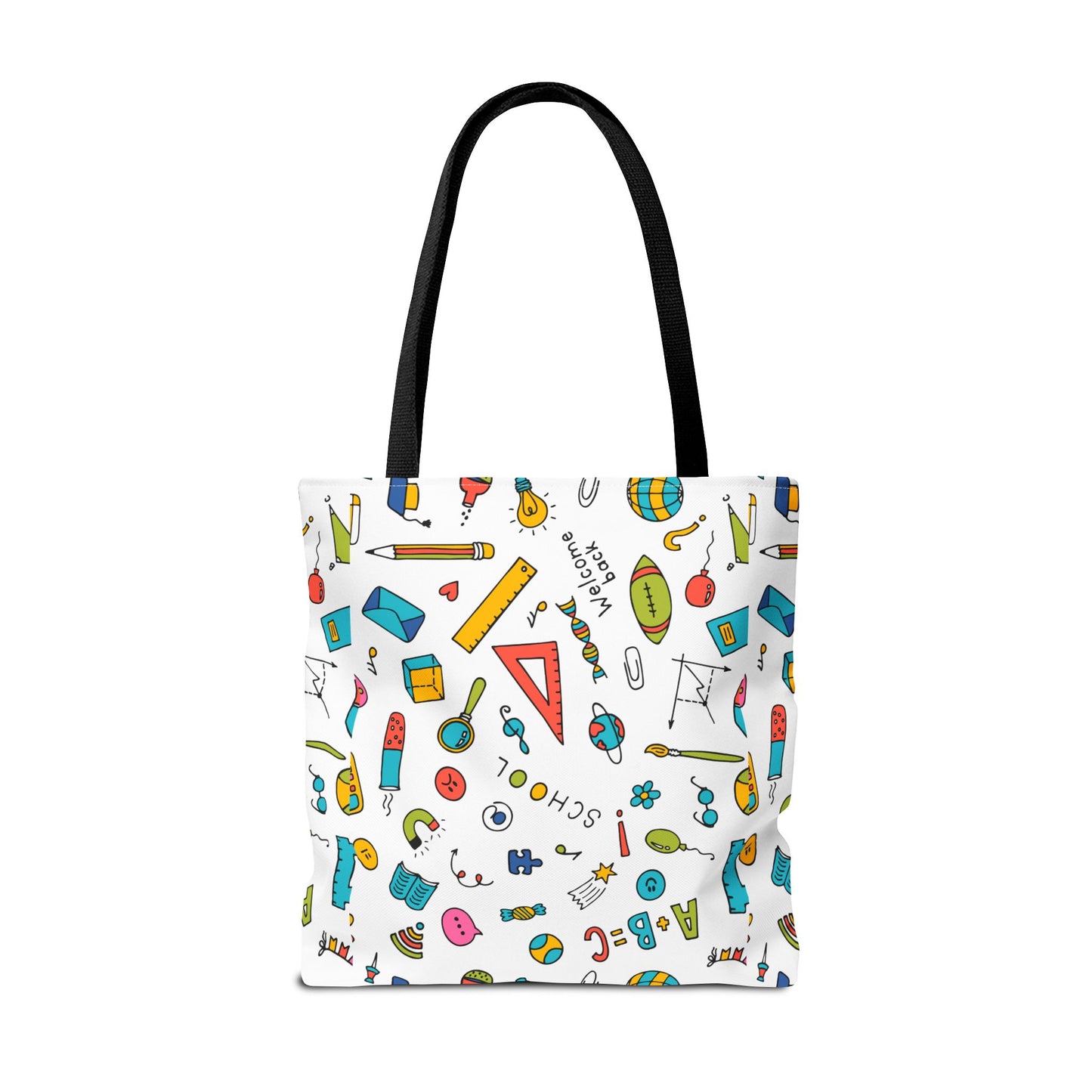 Back-to-School Doodle Print Tote Bag – Colorful School Supply Design in 3 Sizes