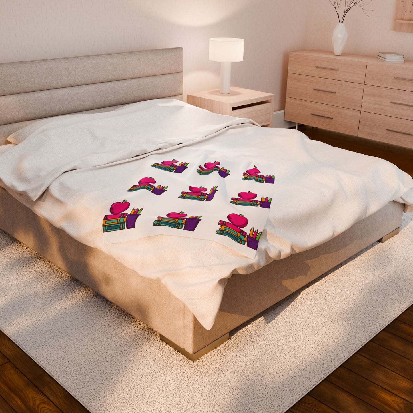 White Back-to-School Apple & Books Blanket – Cozy Teacher Gift, Student Dorm Throw, Available in White or Black