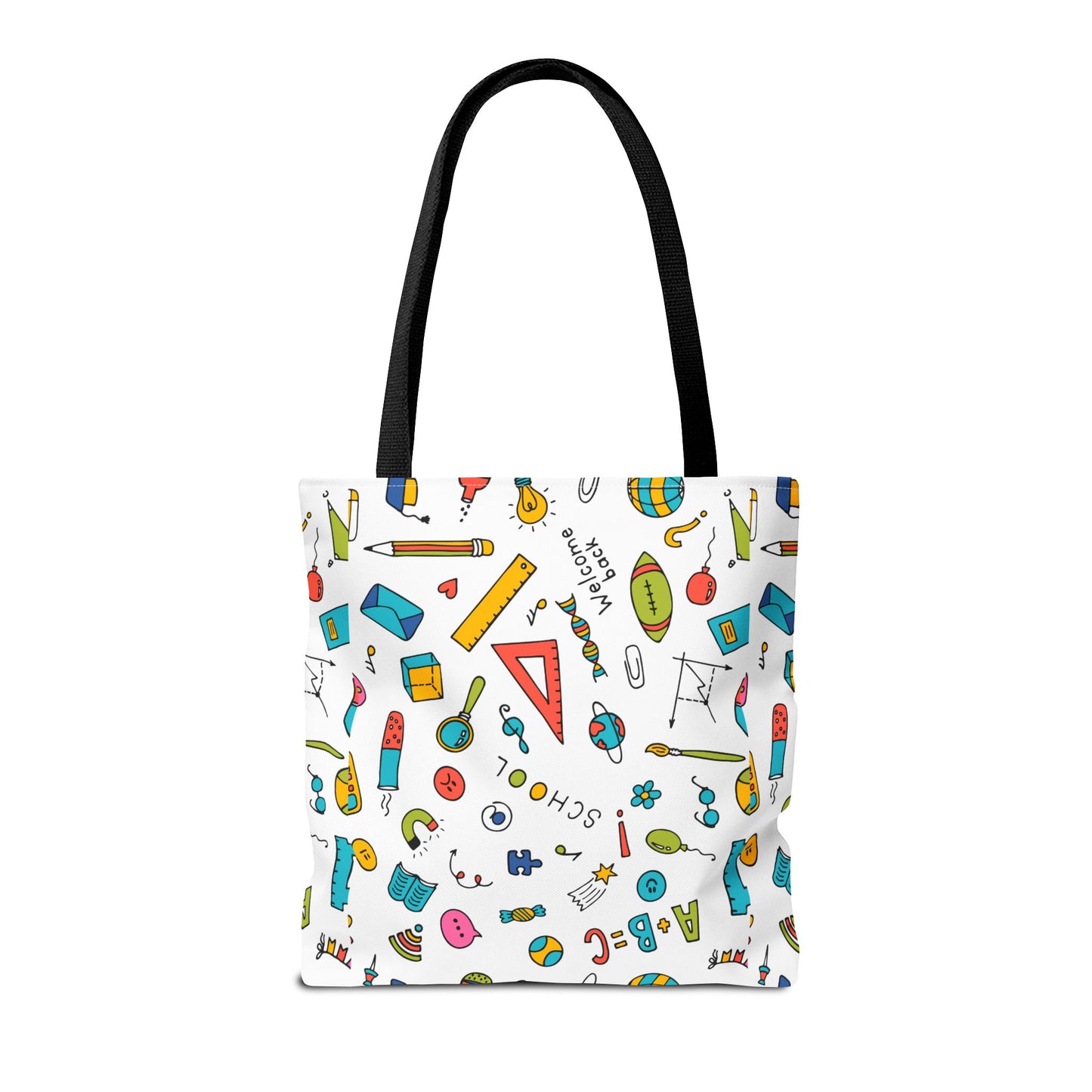 Back-to-School Doodle Print Tote Bag – Colorful School Supply Design in 3 Sizes
