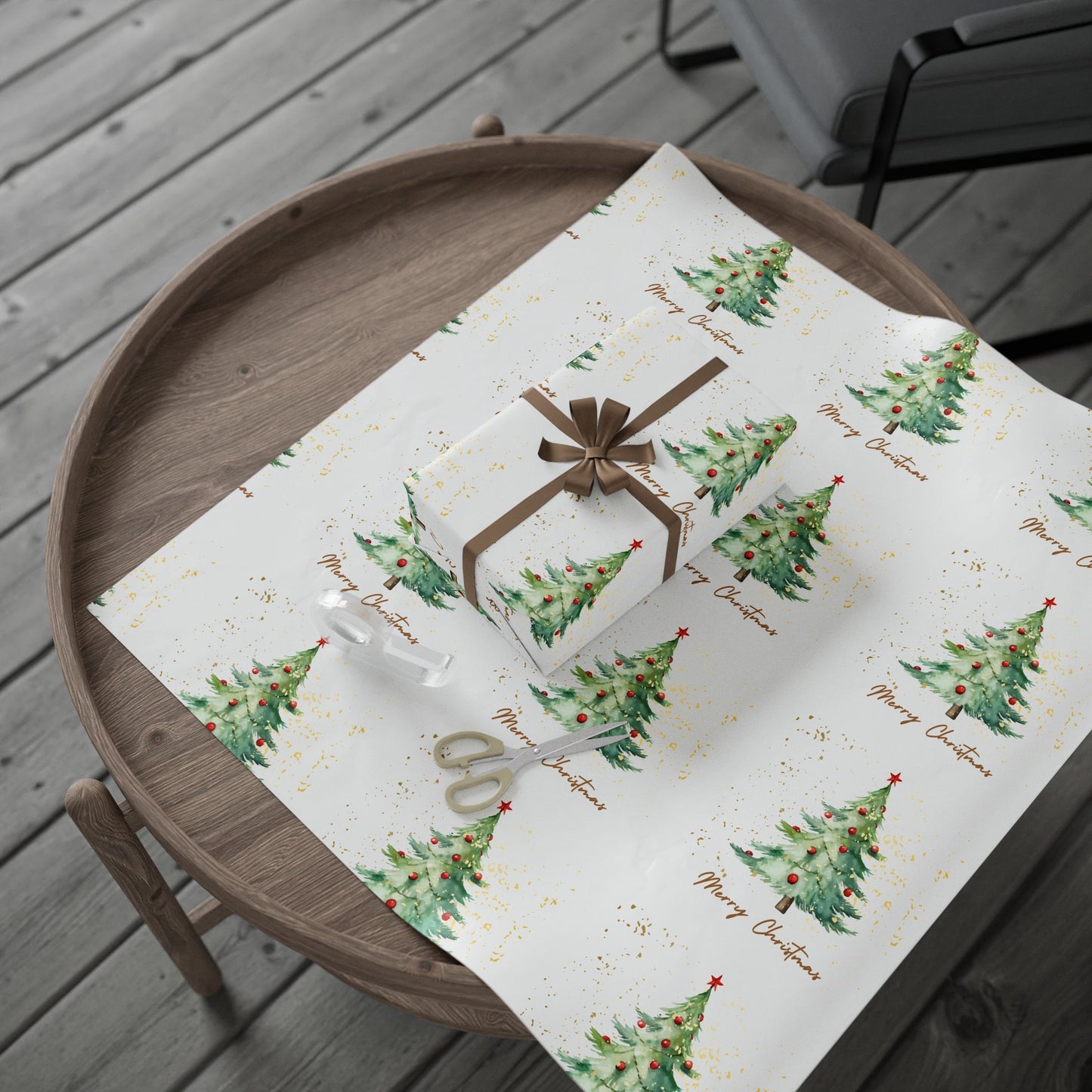 Glossy Merry Christmas Wrapping Paper with Watercolor Tree Design - Elegant Holiday Gift Wrap with Gold Accents