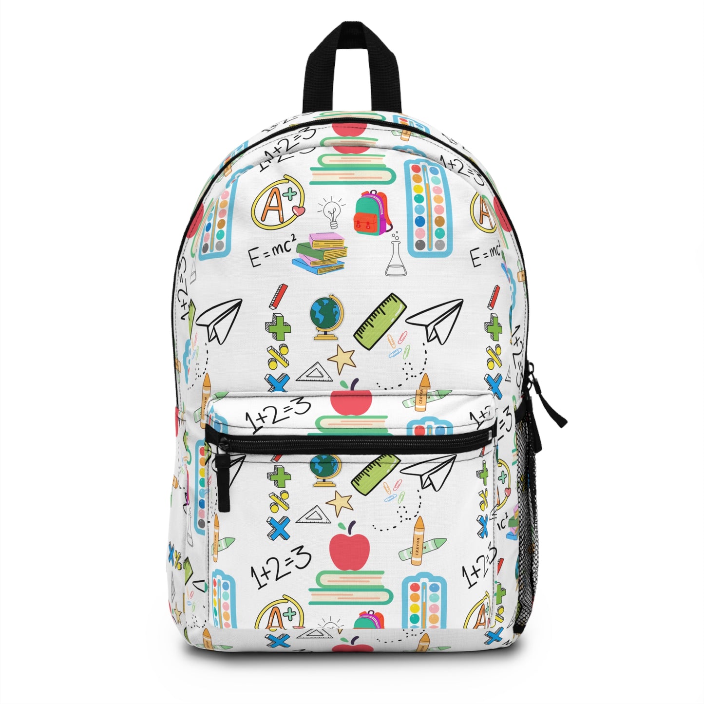 White backpack with colorful classroom icons including apples, books, rulers, and paper planes — perfect for teachers, moms, and students during back-to-school season.