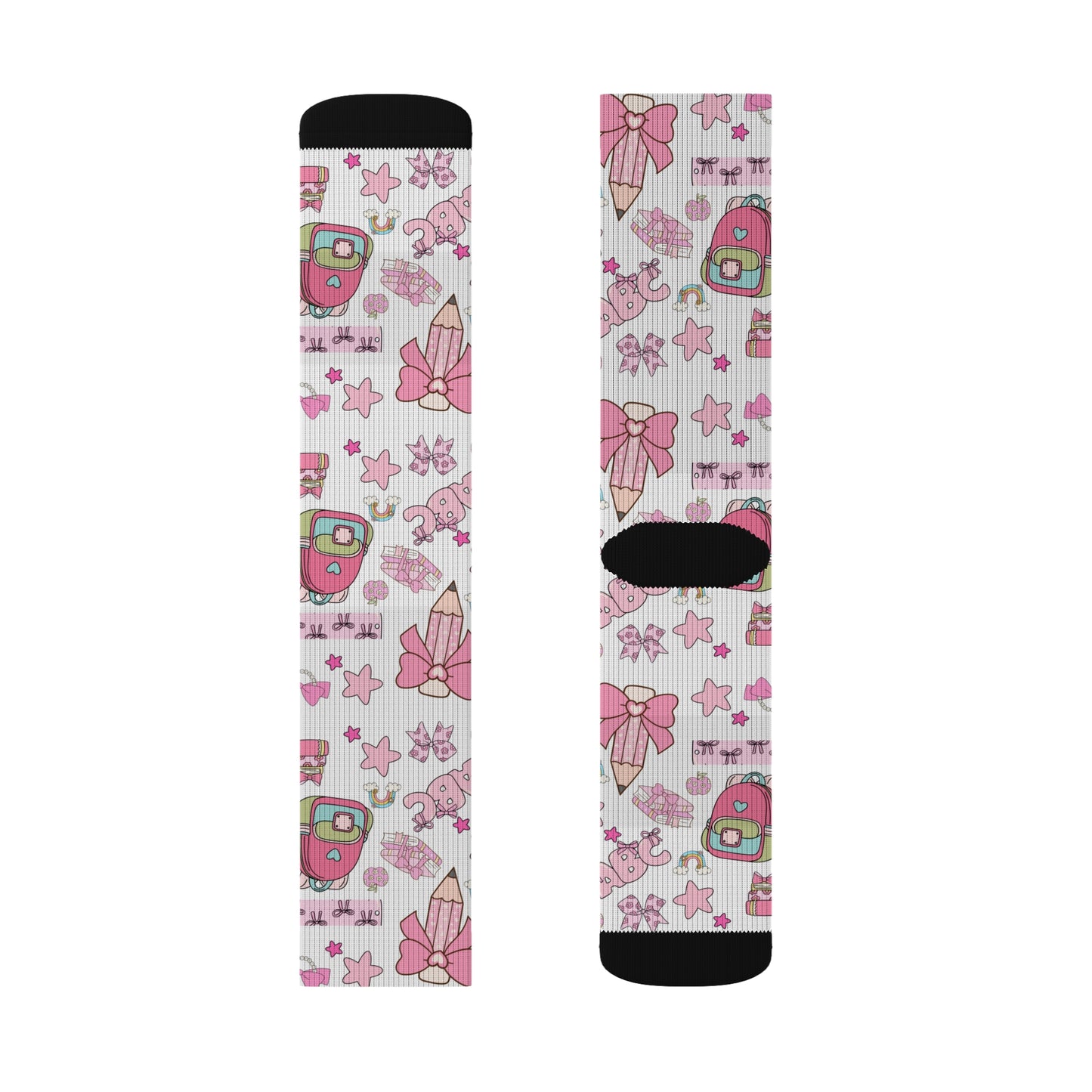 Back-to-School Pink Bow & Backpack Socks – Cute Unisex School Socks for Girls, Teens & Moms | ABC School Supply Print