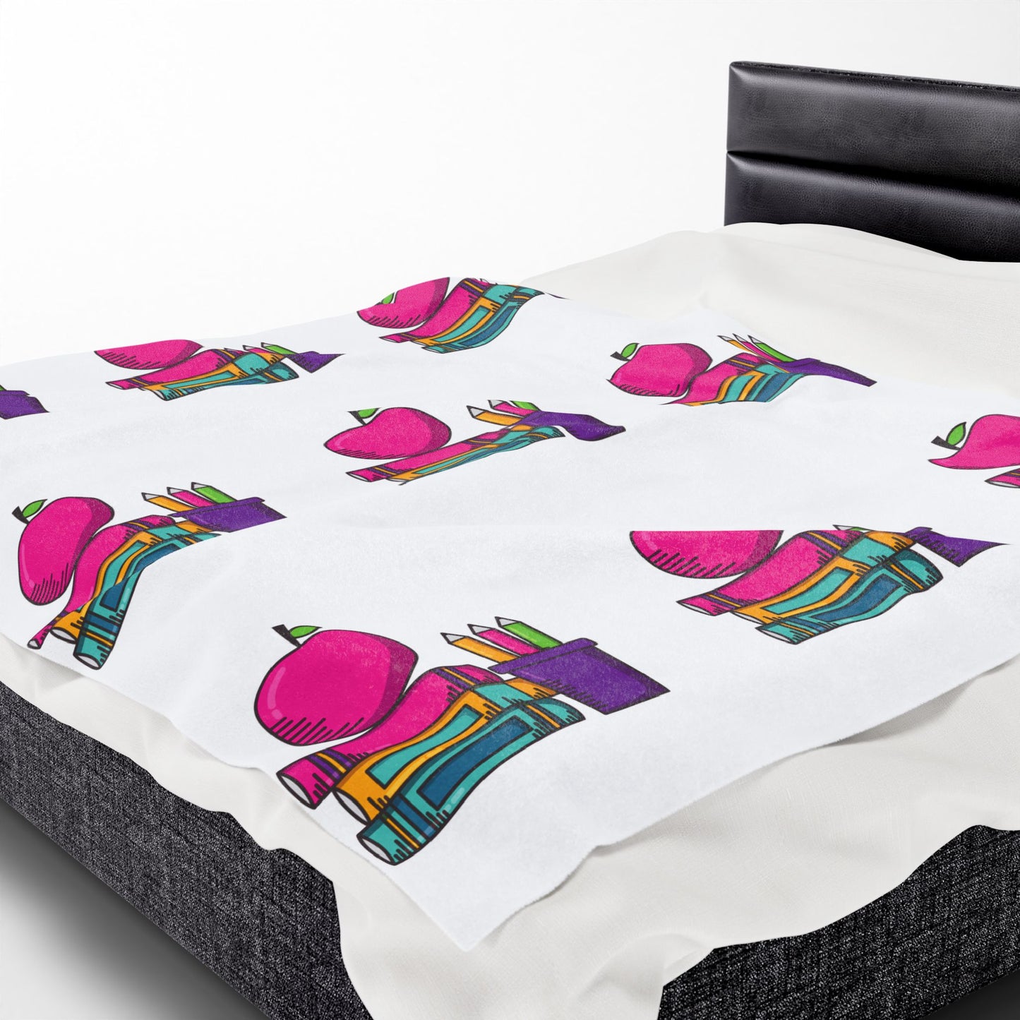 White Back-to-School Apple & Books Blanket – Cozy Teacher Gift, Student Dorm Throw, Available in White or Black