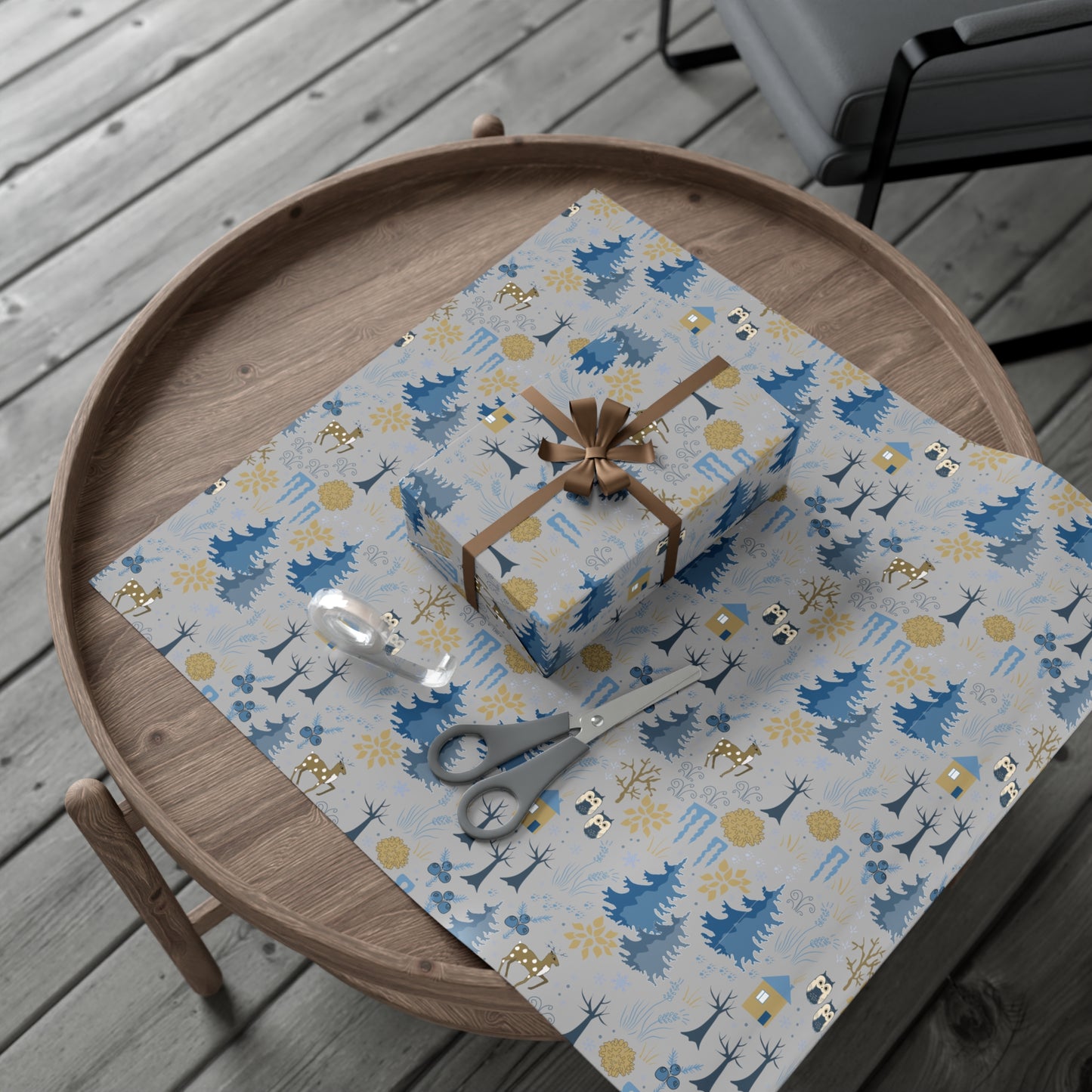 Winter Forest Scene Wrapping Paper: Blue & Grey - Eco-Friendly Christmas Gift Wrap Available in Satin and Matte